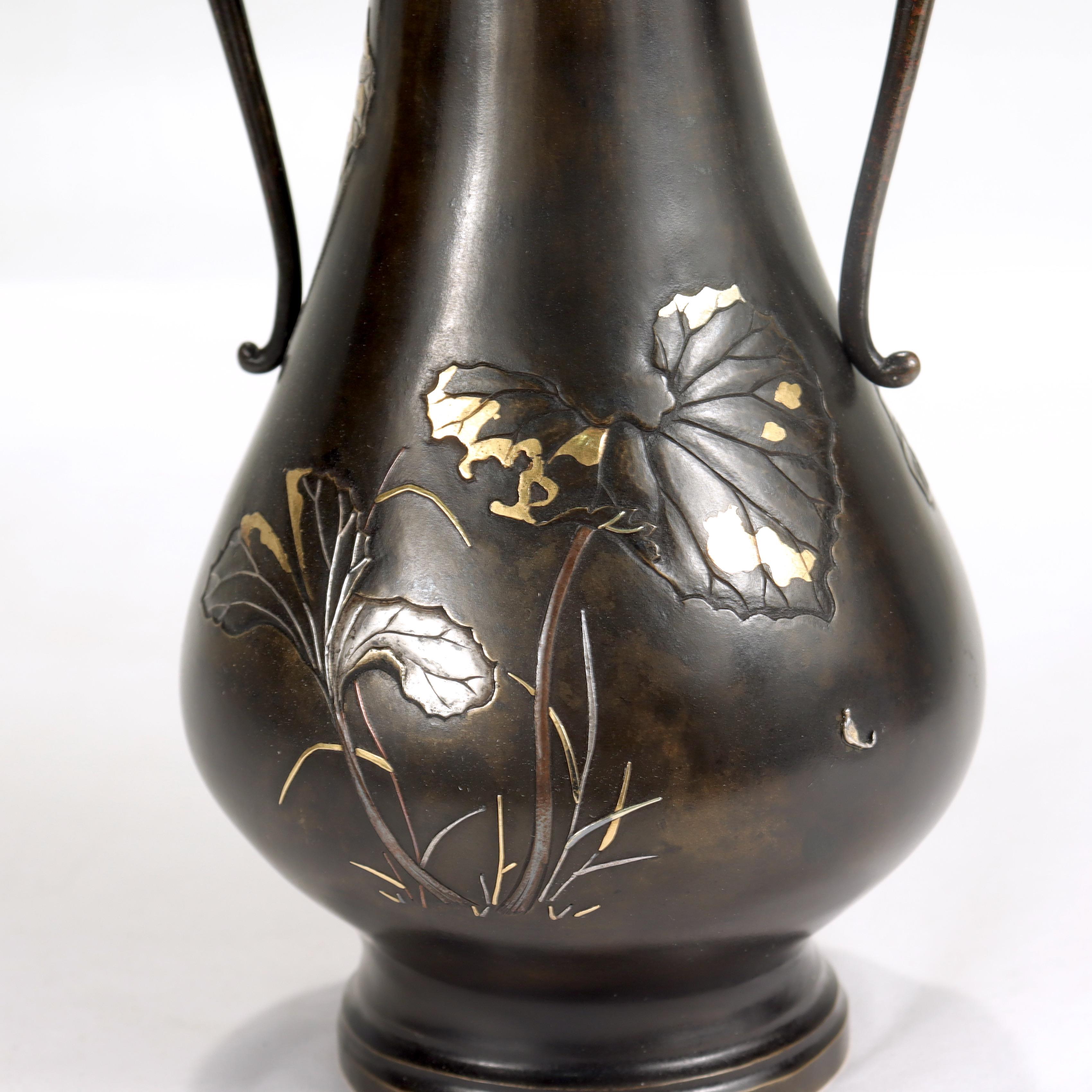 Antique Japanese Inlaid Bronze & Mixed Metals Handled Butterbur Flower Vase 1