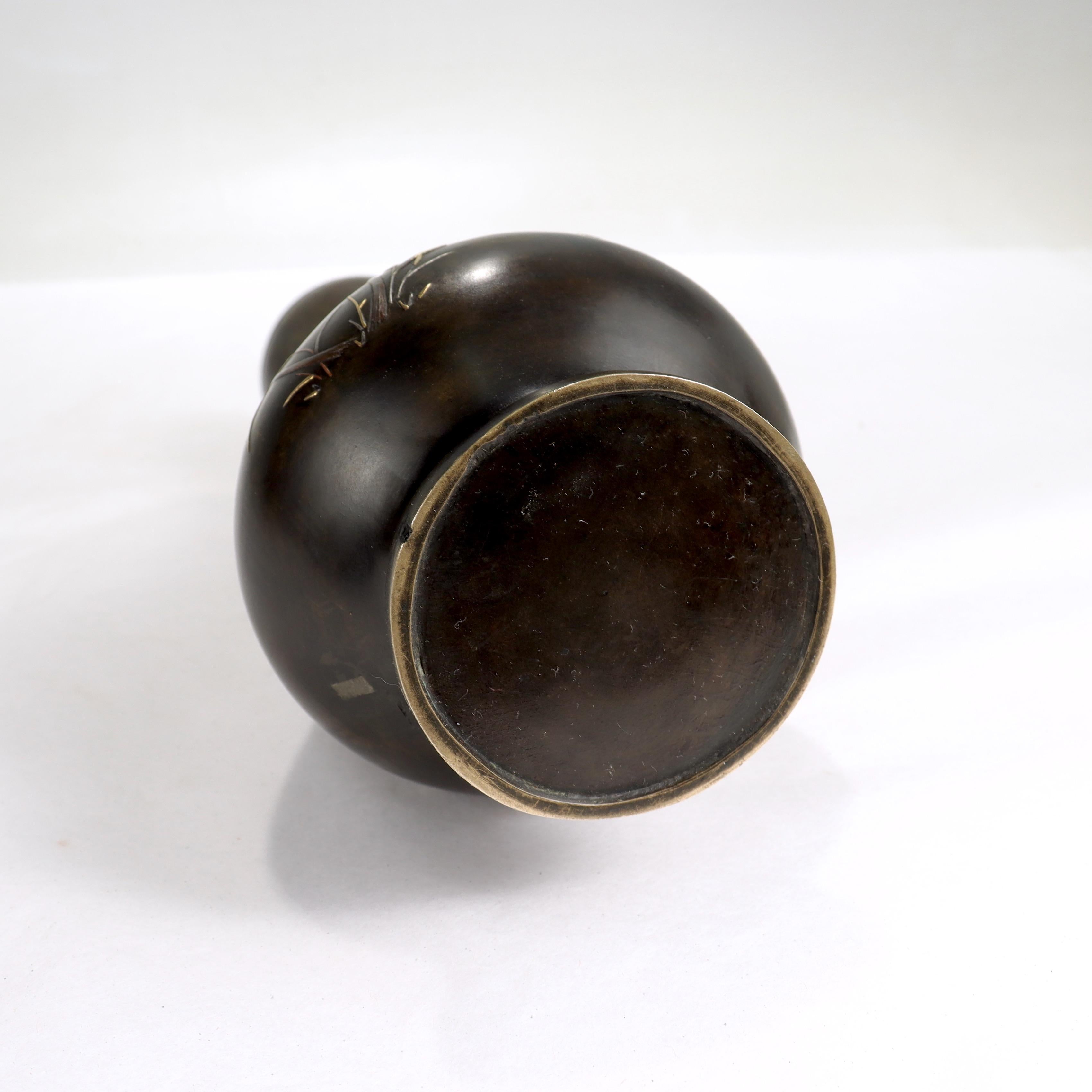 Antique Japanese Inlaid Bronze & Mixed Metals Handled Butterbur Flower Vase 6