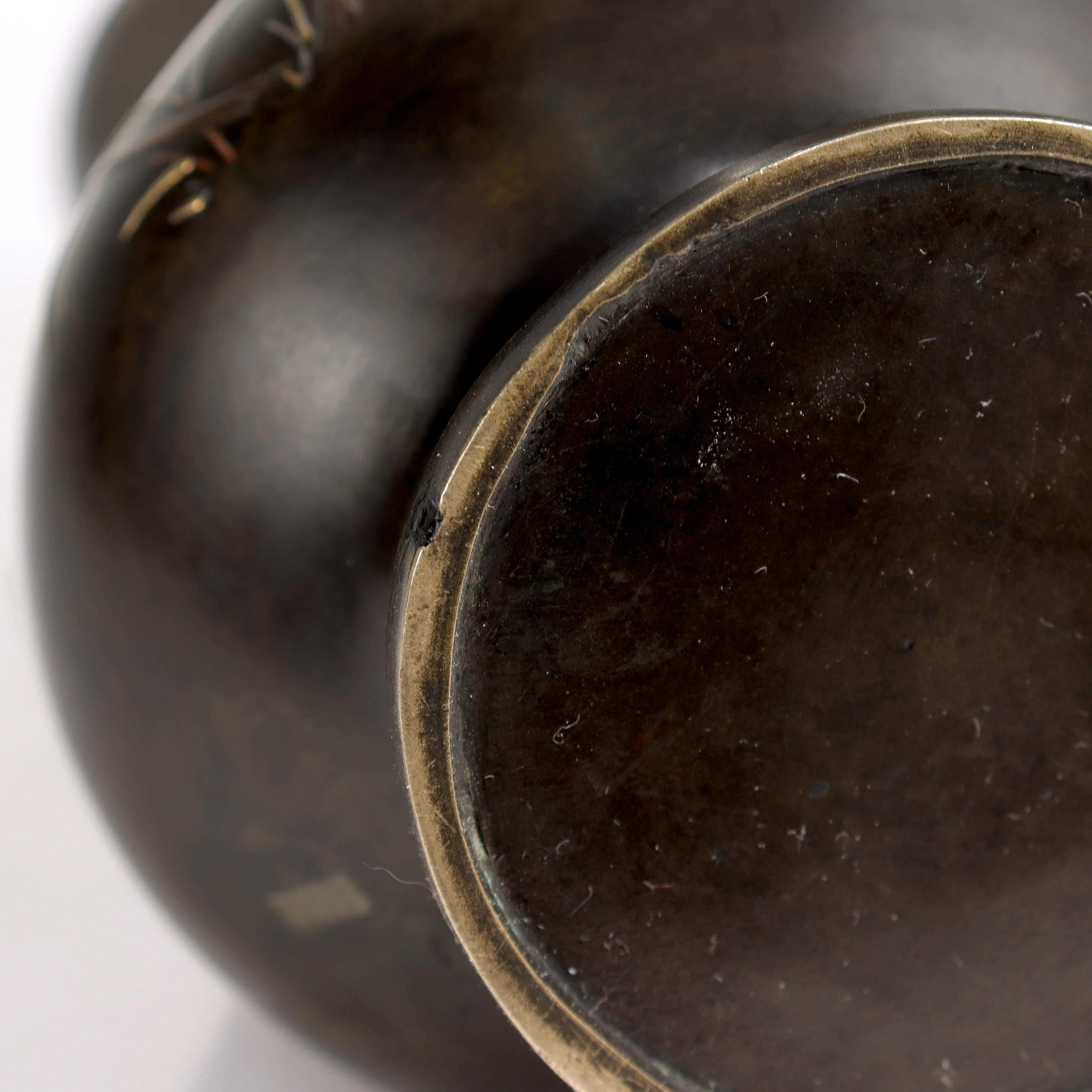 Antique Japanese Inlaid Bronze & Mixed Metals Handled Butterbur Flower Vase 7