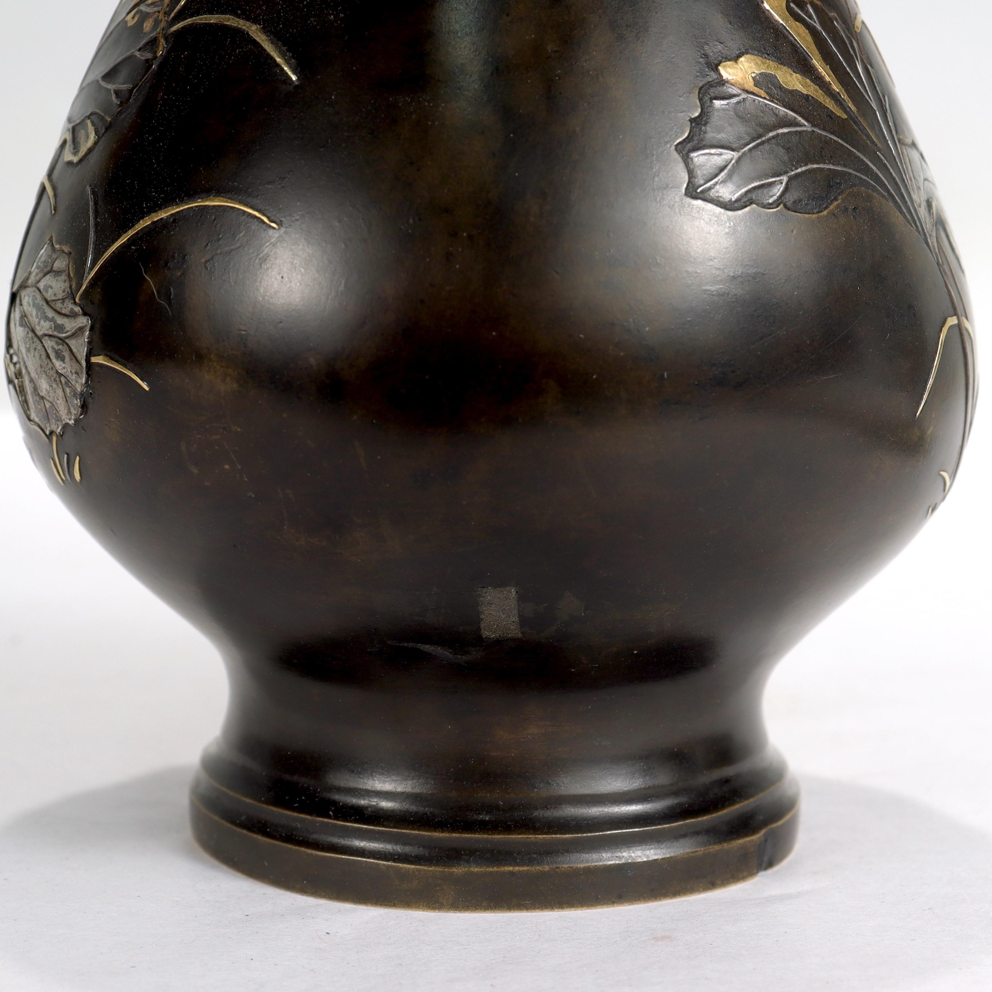 Antique Japanese Inlaid Bronze & Mixed Metals Handled Butterbur Flower Vase 9