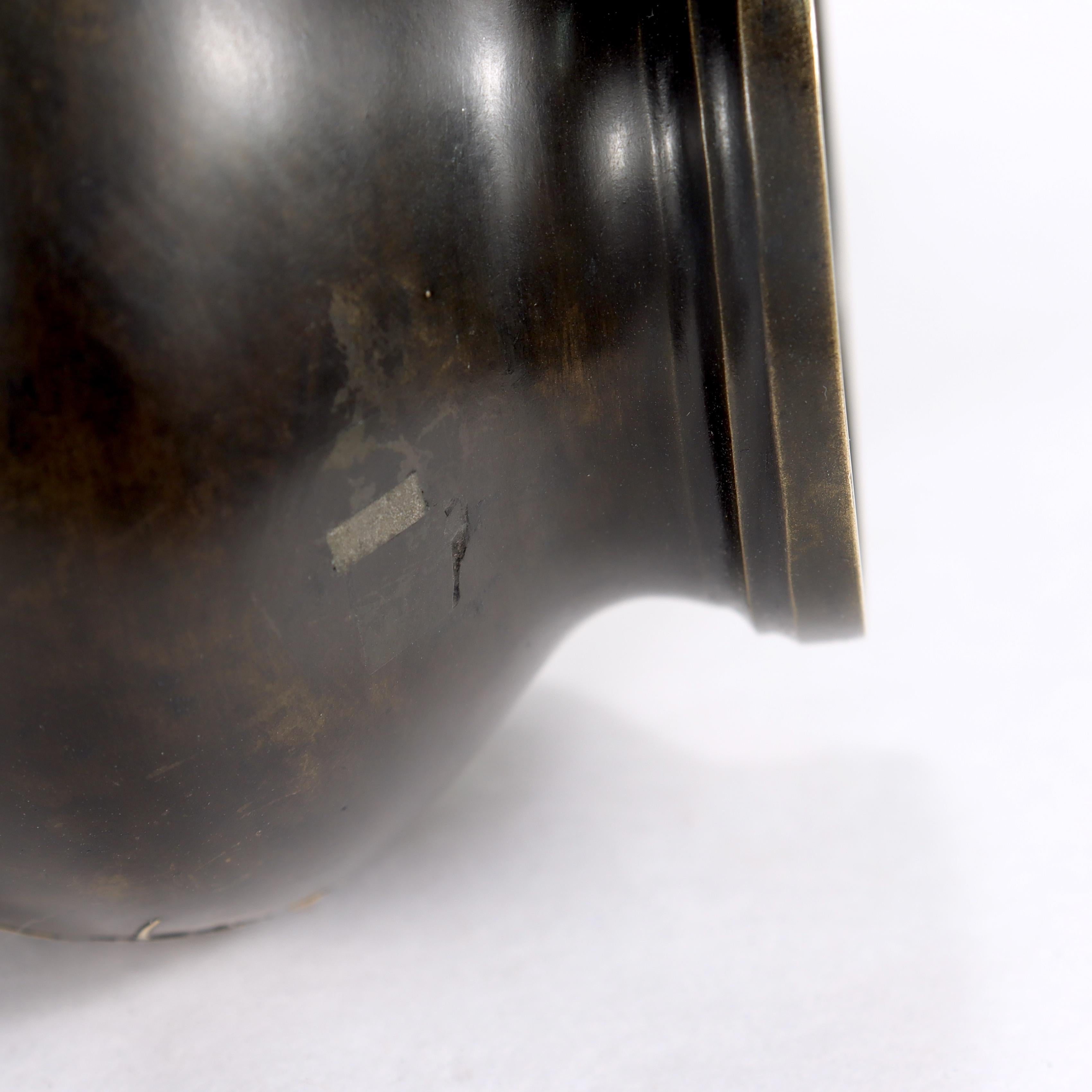 Antique Japanese Inlaid Bronze & Mixed Metals Handled Butterbur Flower Vase 10
