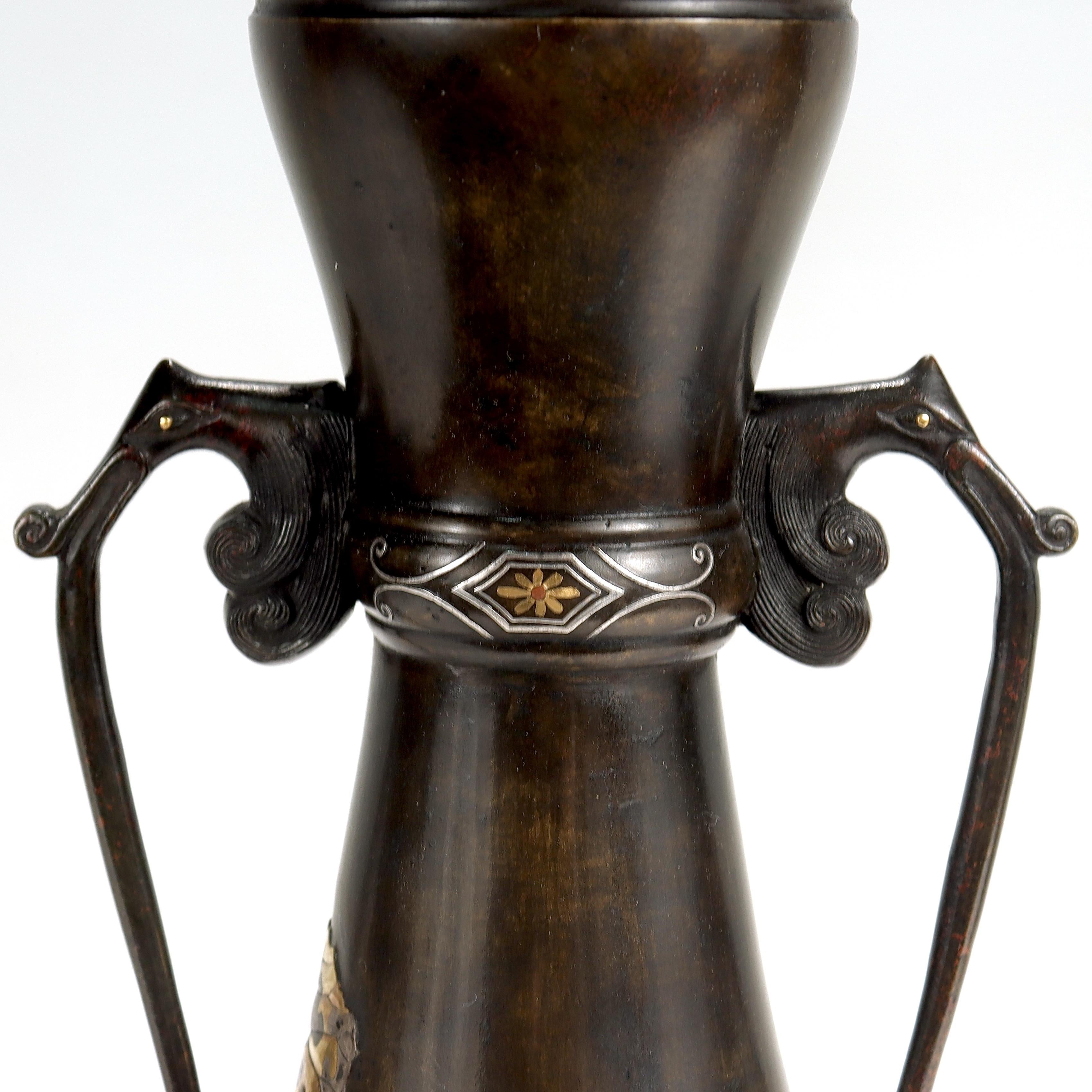 Meiji Antique Japanese Inlaid Bronze & Mixed Metals Handled Butterbur Flower Vase