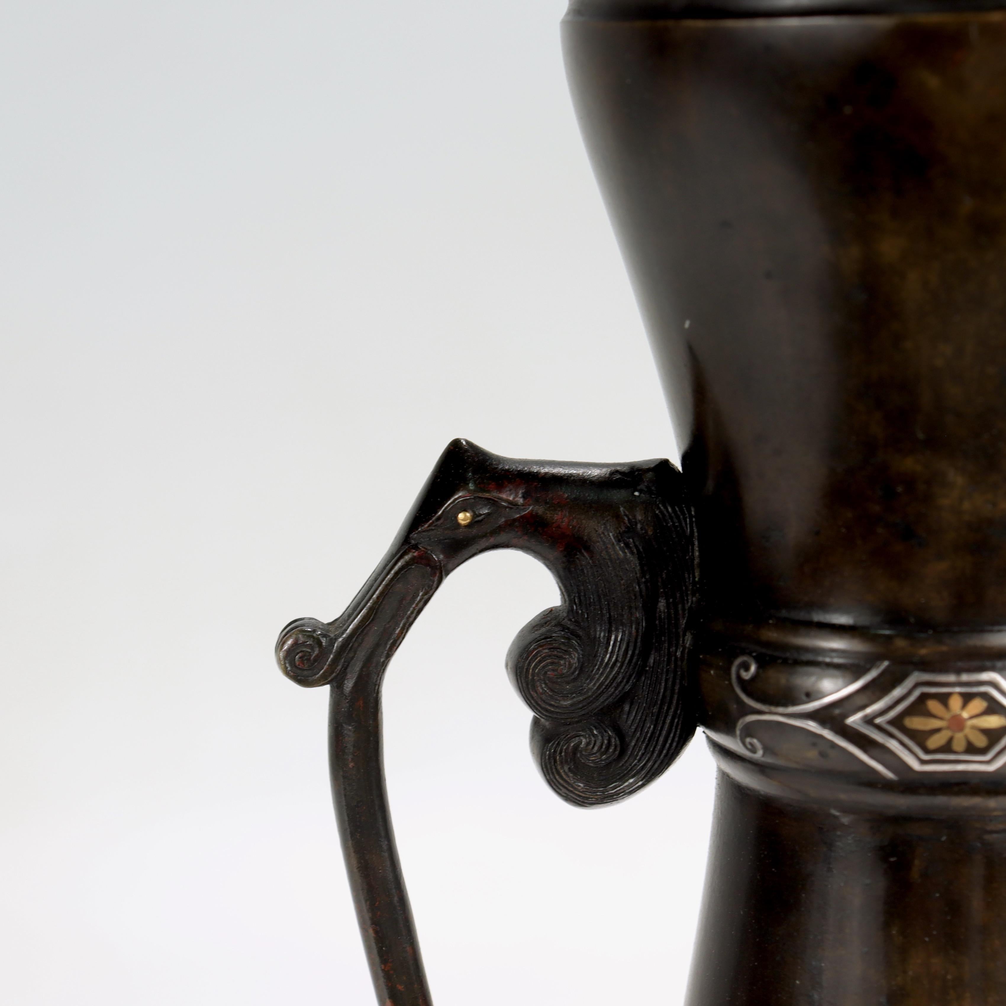 Inlay Antique Japanese Inlaid Bronze & Mixed Metals Handled Butterbur Flower Vase