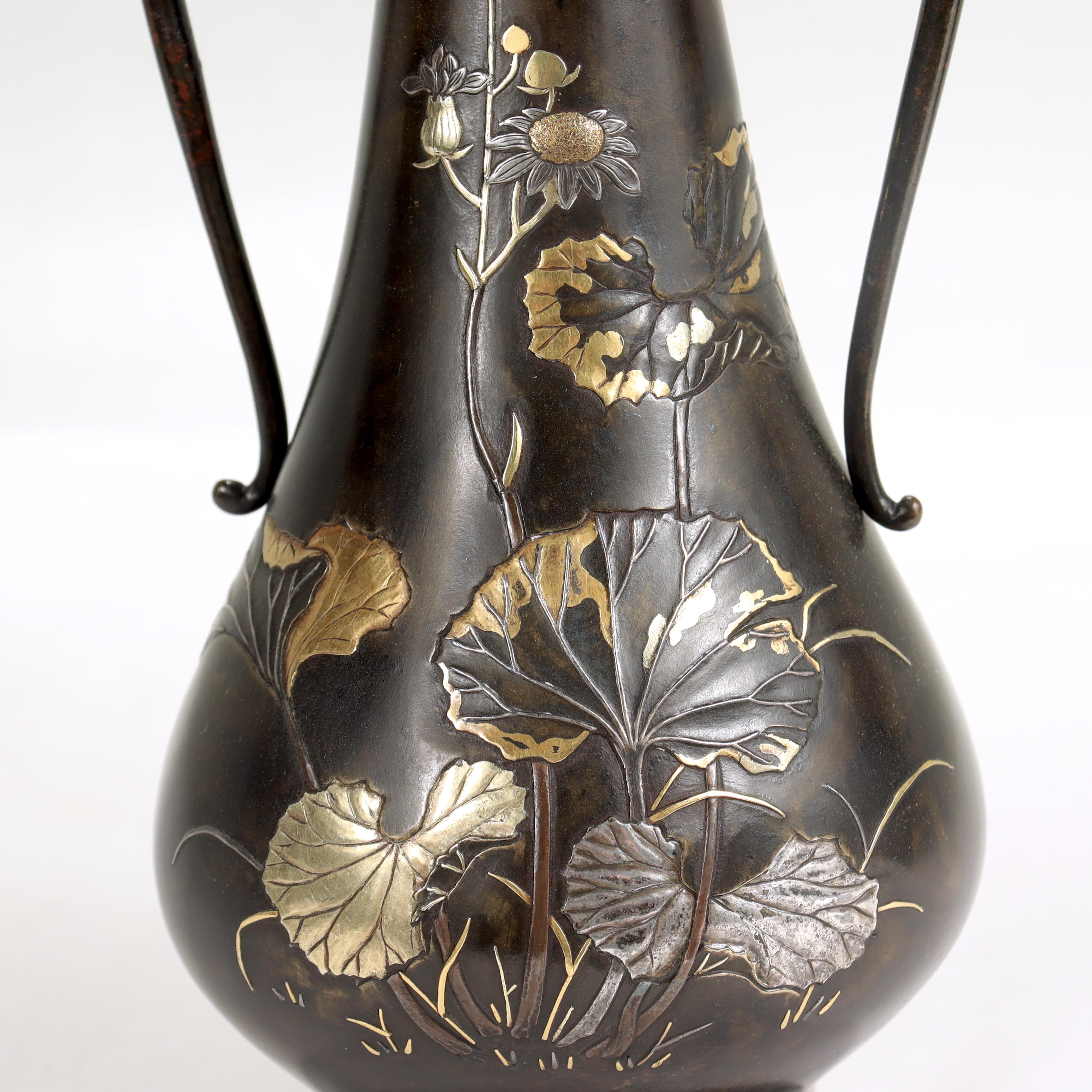 20th Century Antique Japanese Inlaid Bronze & Mixed Metals Handled Butterbur Flower Vase