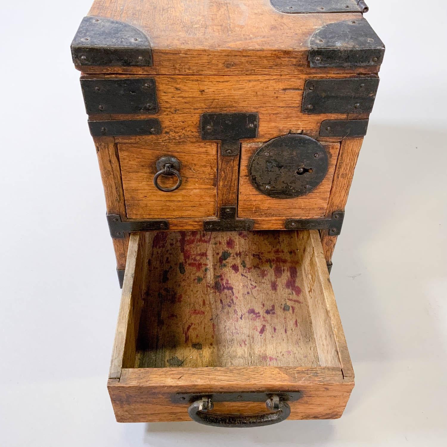 Meiji Antique Japanese Iron Mounted Tansu Suzuribako Wood Box For Sale