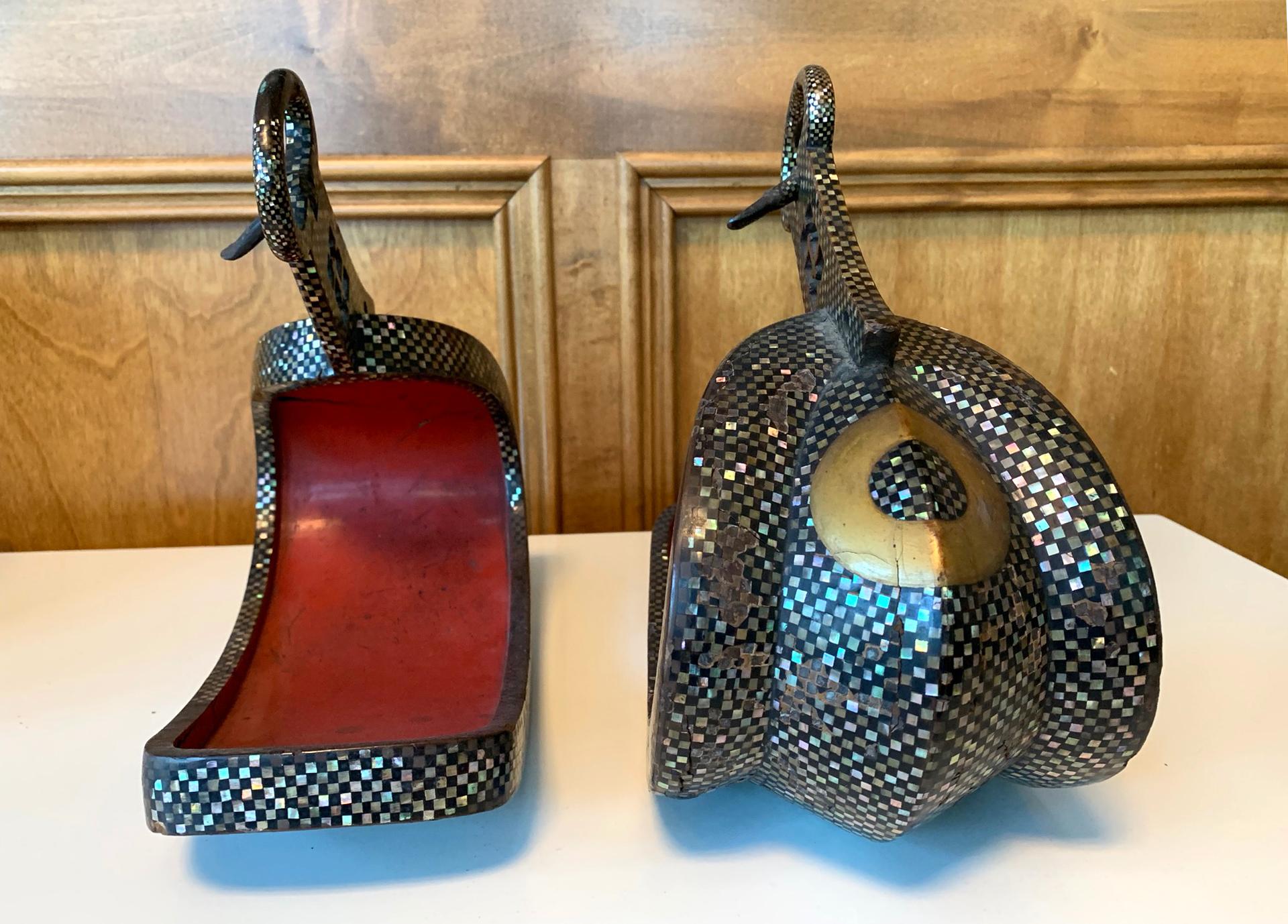 Antique Japanese Iron Stirrups with Abalone Shell Inlays In Fair Condition In Atlanta, GA