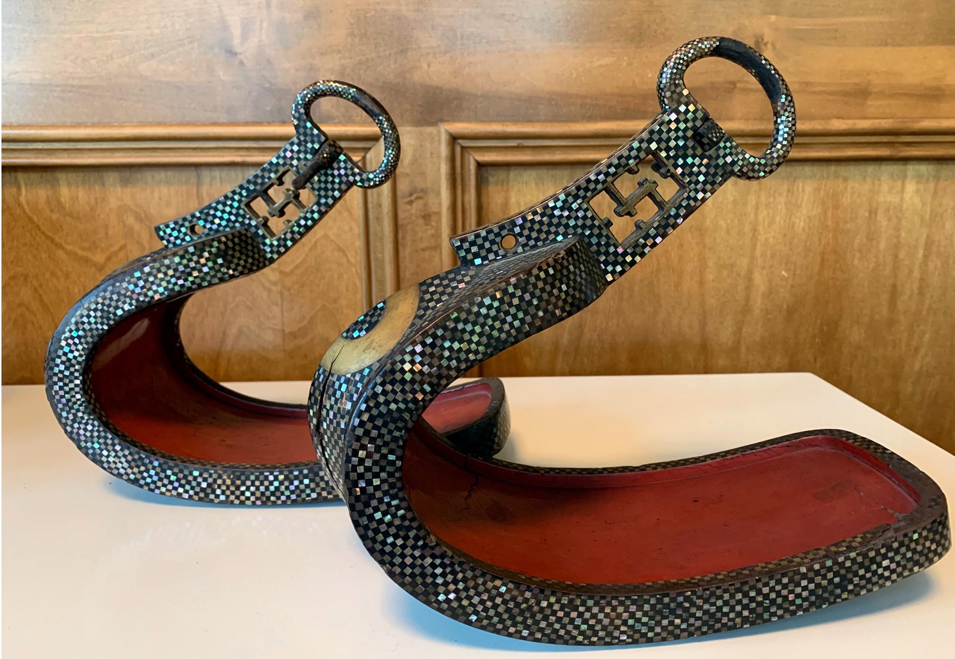 Antique Japanese Iron Stirrups with Abalone Shell Inlays 1