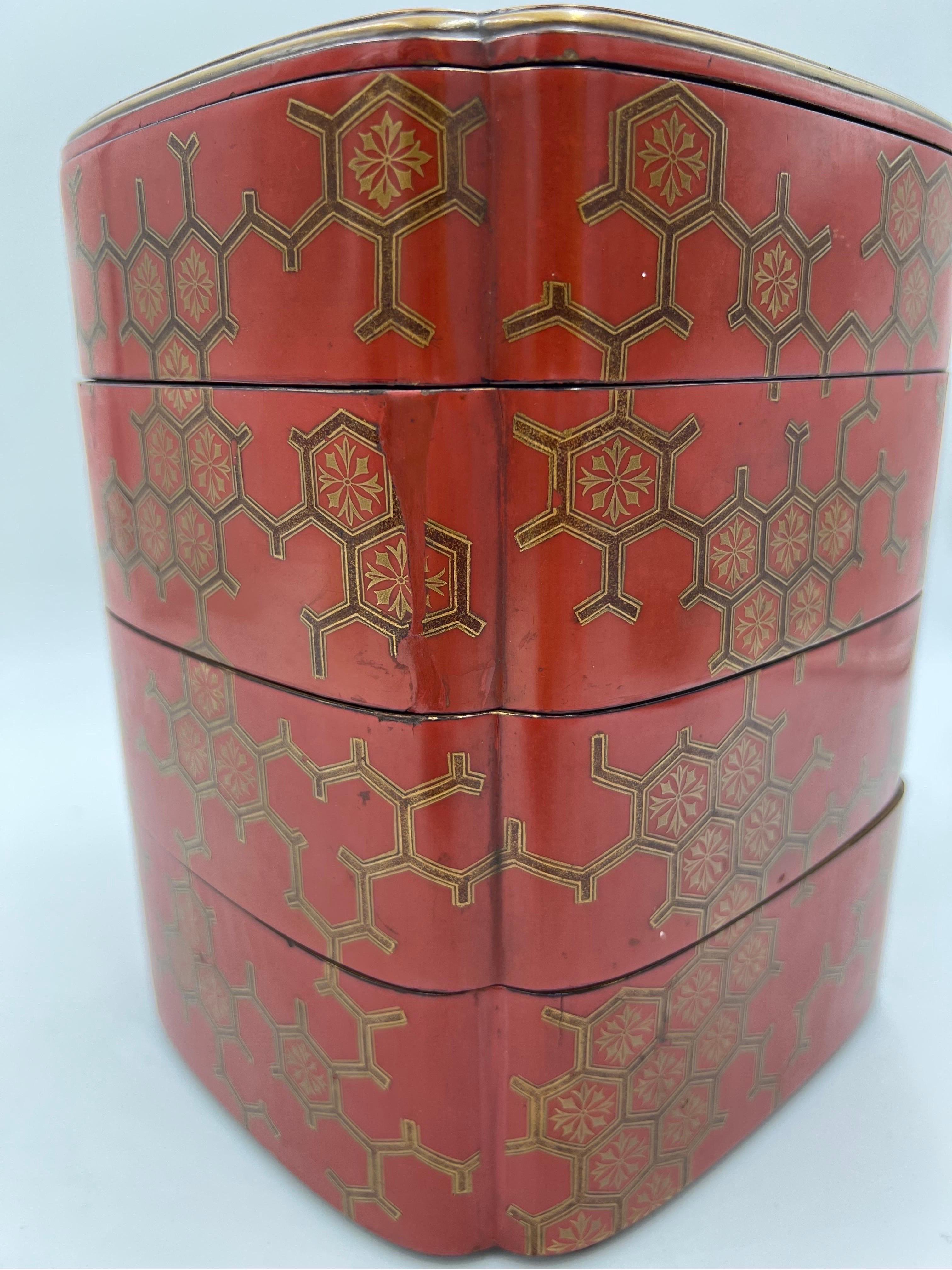 20th Century Antique Japanese Jubako 4-Tiered Bento Red Lacquerware Box For Sale