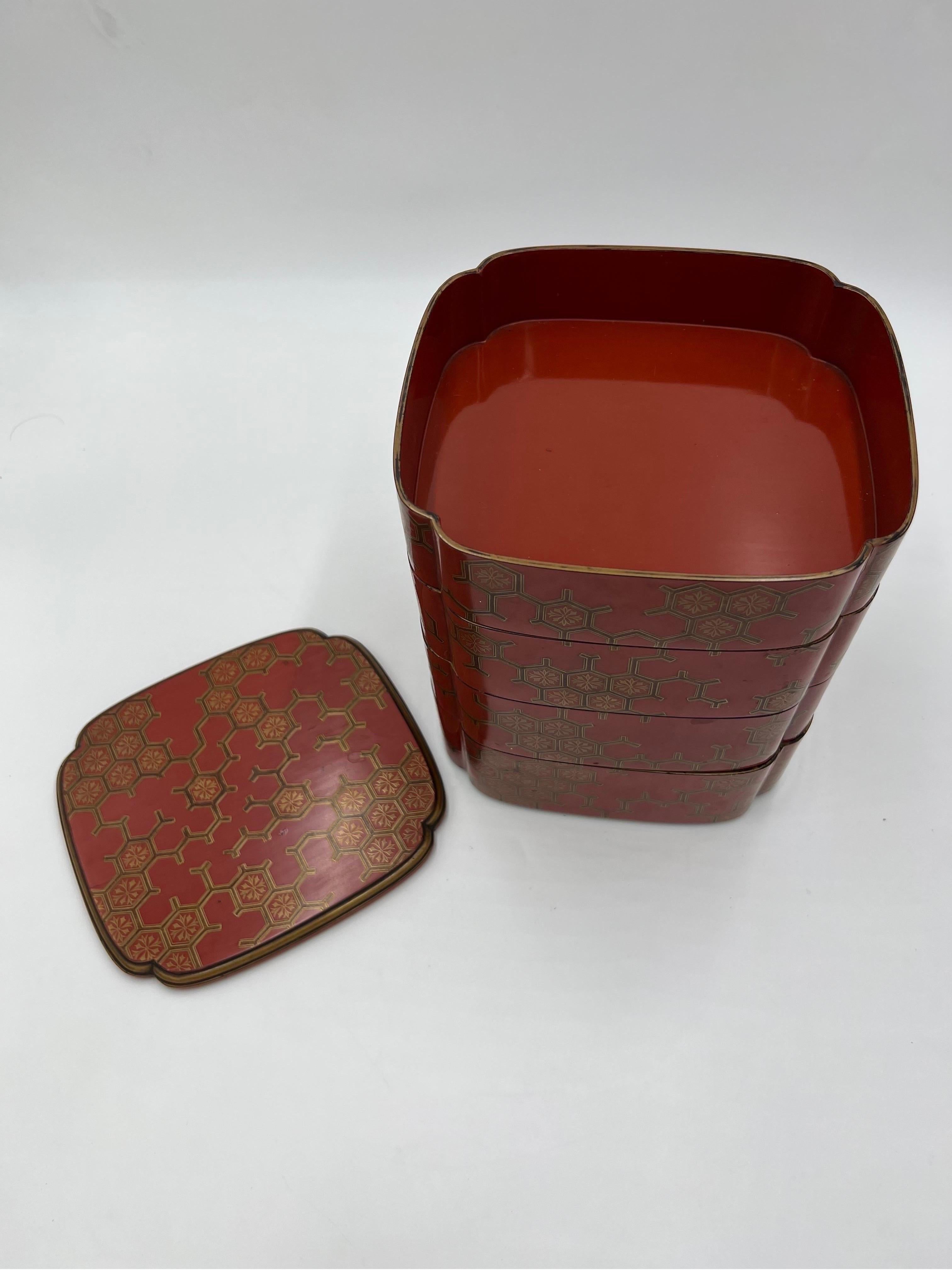 Antique Japanese Jubako 4-Tiered Bento Red Lacquerware Box For Sale 1