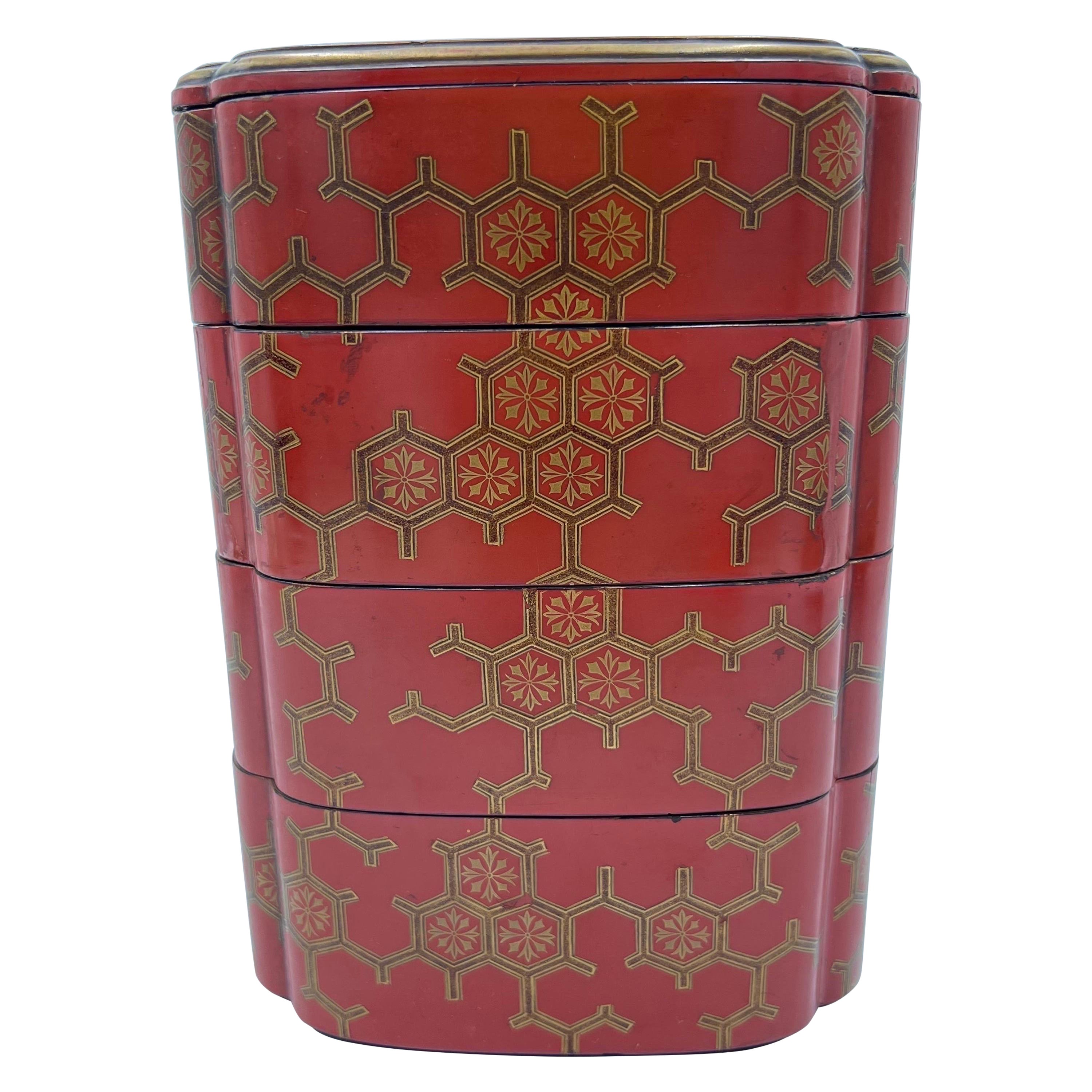 Antique Japanese Jubako 4-Tiered Bento Red Lacquerware Box For Sale
