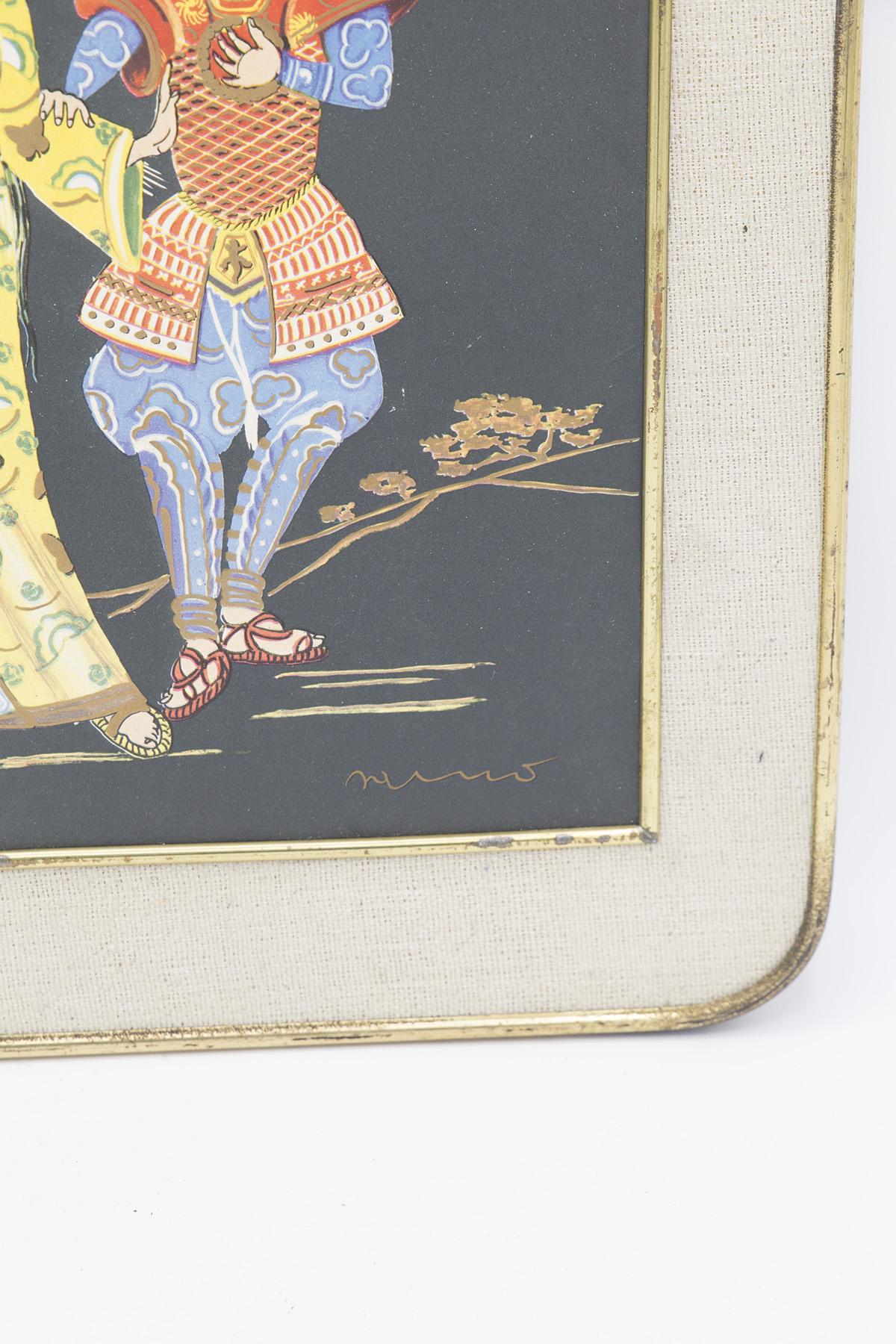 Anglo-Japanese Antique Japanese Jute and Brass Painting 'First Date' For Sale