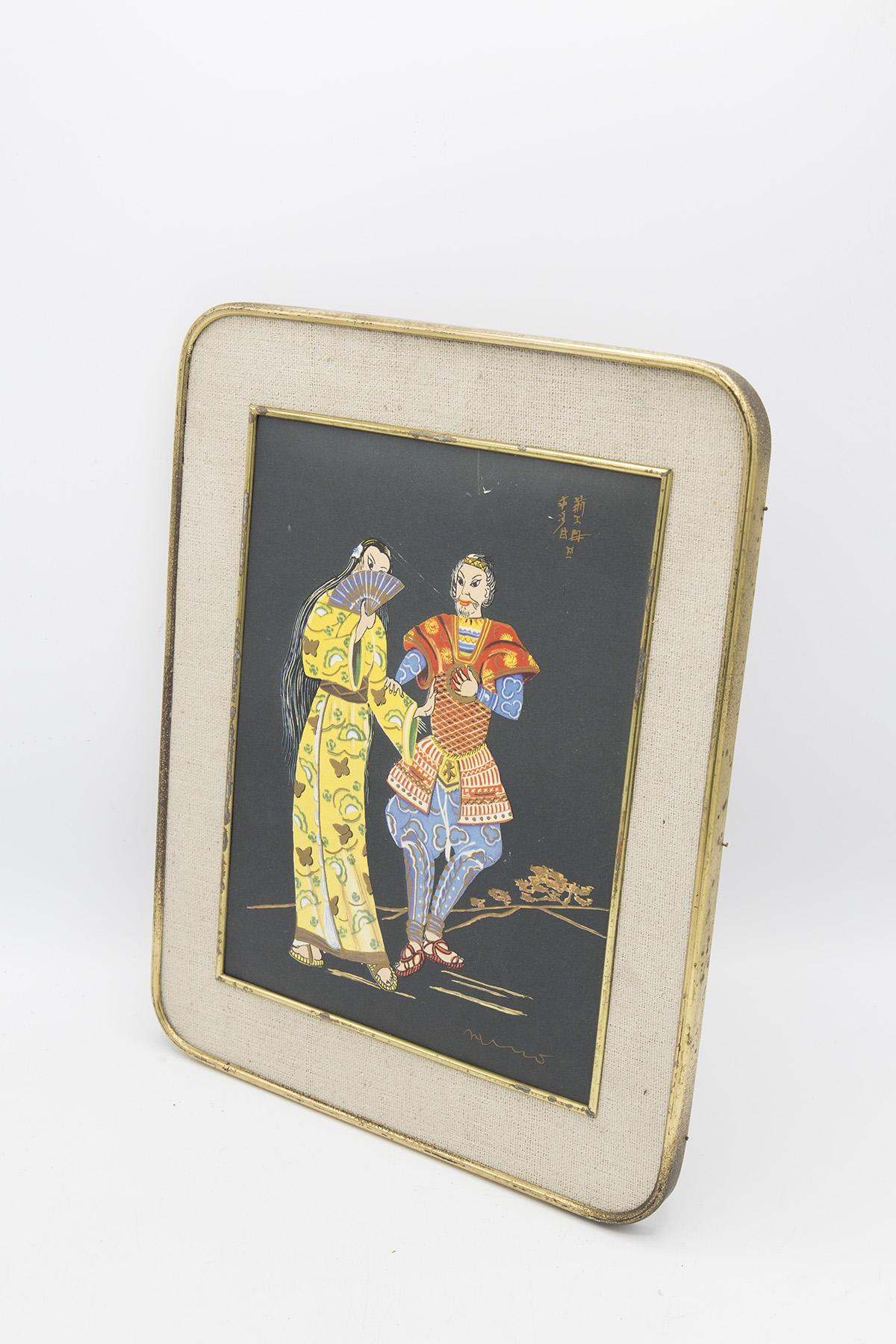 Antique Japanese Jute and Brass Painting 'First Date' In Good Condition For Sale In Milano, IT