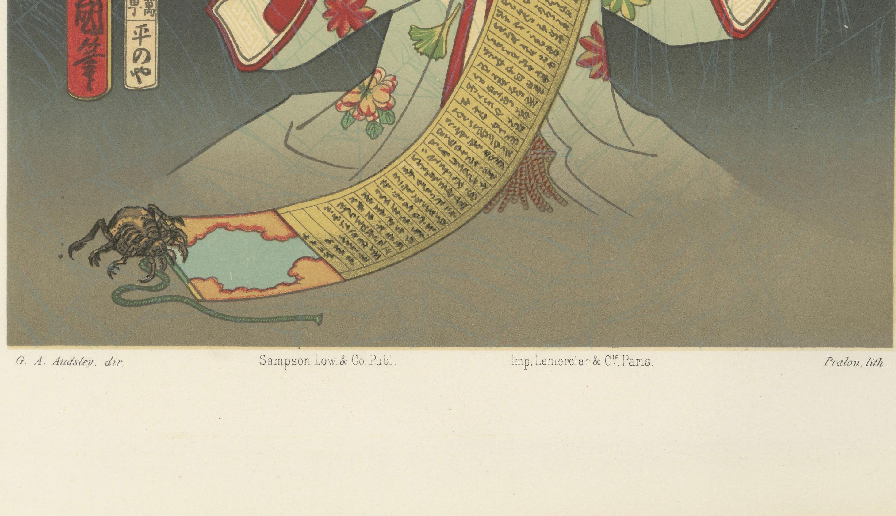Titel: Antiker japanischer Kabuki-Druck: Rätselhafte Frau mit Schriftrolle und Spinne, 19. Jahrhundert

Beschreibung: Dieser atemberaubende japanische Druck aus dem 19. Jahrhundert zeigt eine eindrucksvolle Szene aus dem Kabuki-Theater oder der
