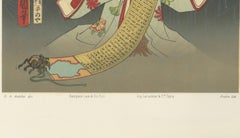 Antique Japanese Kabuki Print: Enigmatic Woman with Scroll and Spider, ca.1882