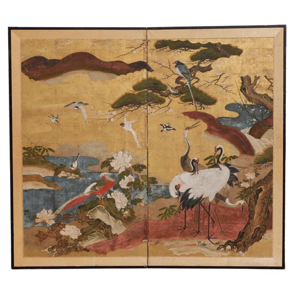 Antique Japanese Kachoga Kano School 2-Panel Screen, Edo Period