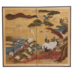 Antique Japanese Kachoga Kano School 2-Panel Screen, Edo Period