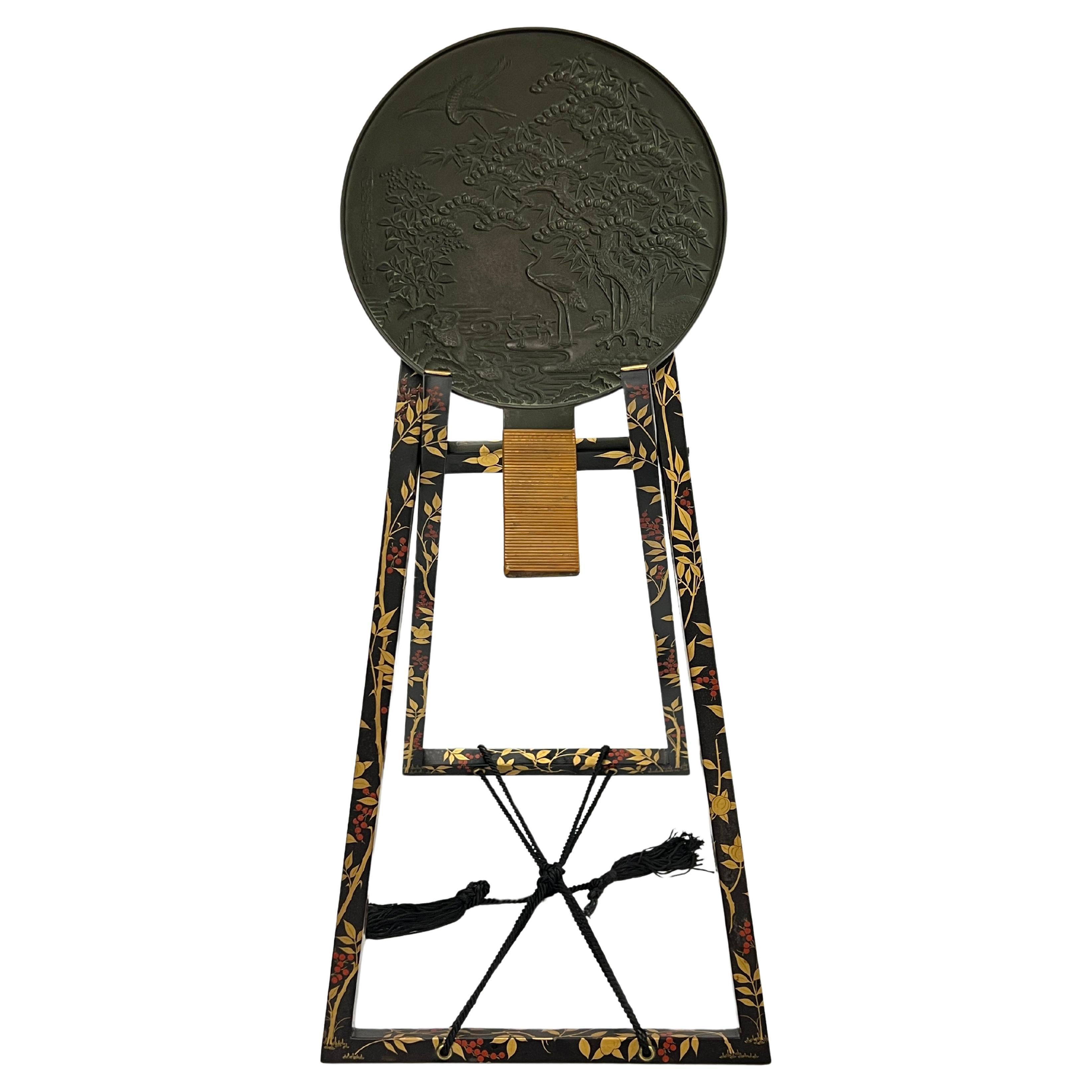 Antique Japanese Kagami Bronze Mirror on Stand