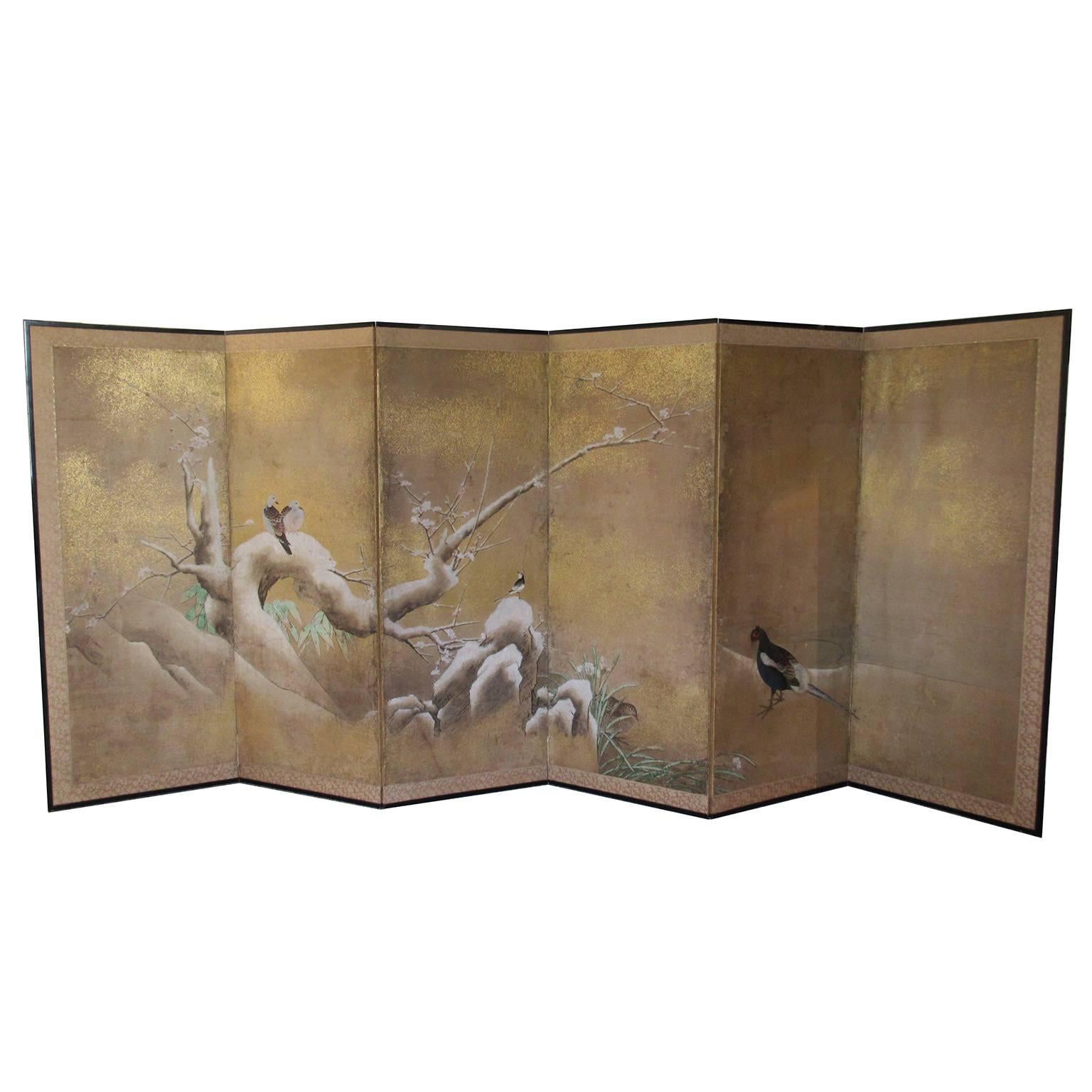 Antique Japanese Kano School Hand-Painted Six-Panel Screen For Sale