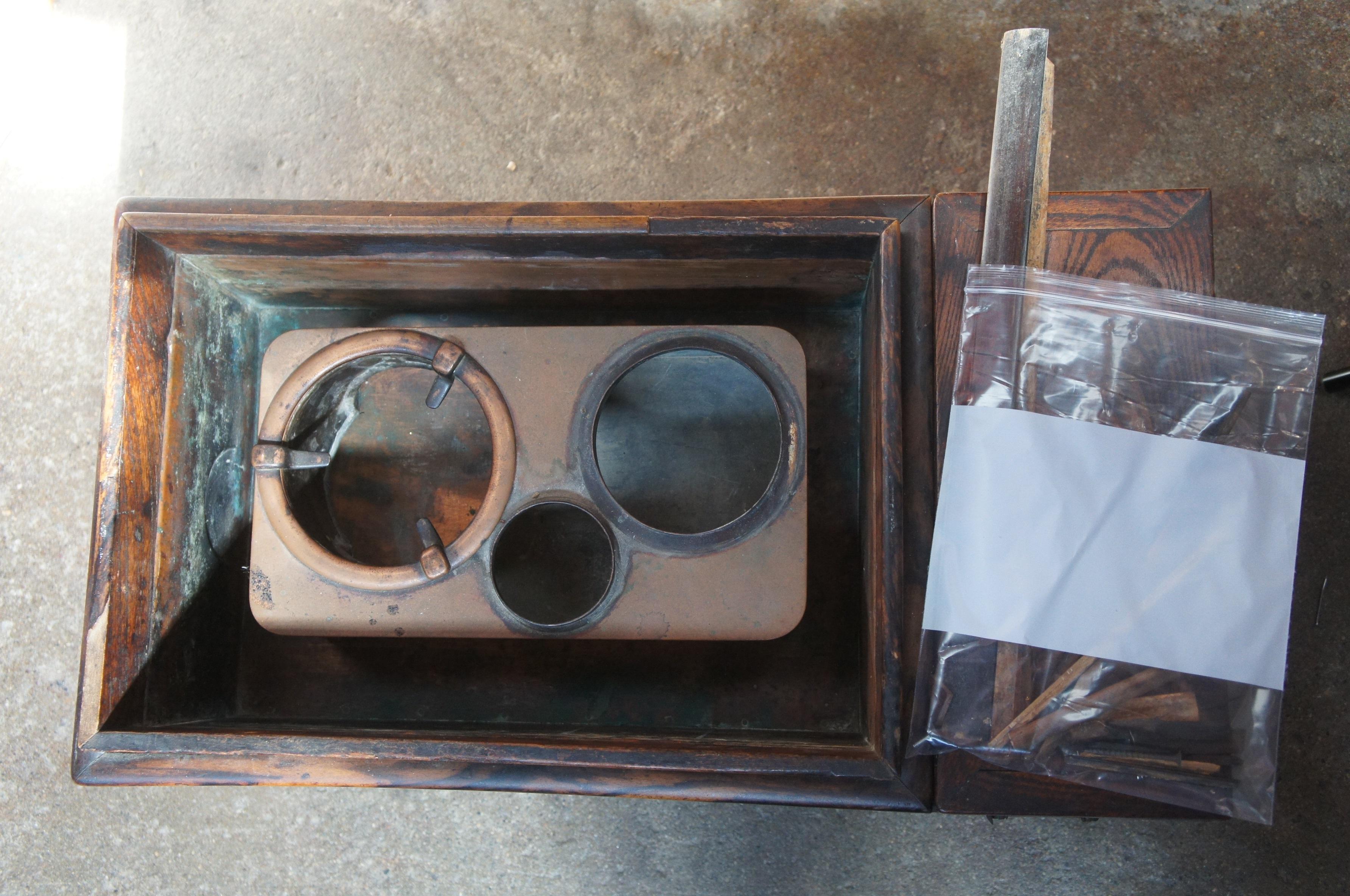 Antique Japanese Keyaki Burlwood Hibachi + Accessories Tea Cabinet Copper Liner For Sale 1