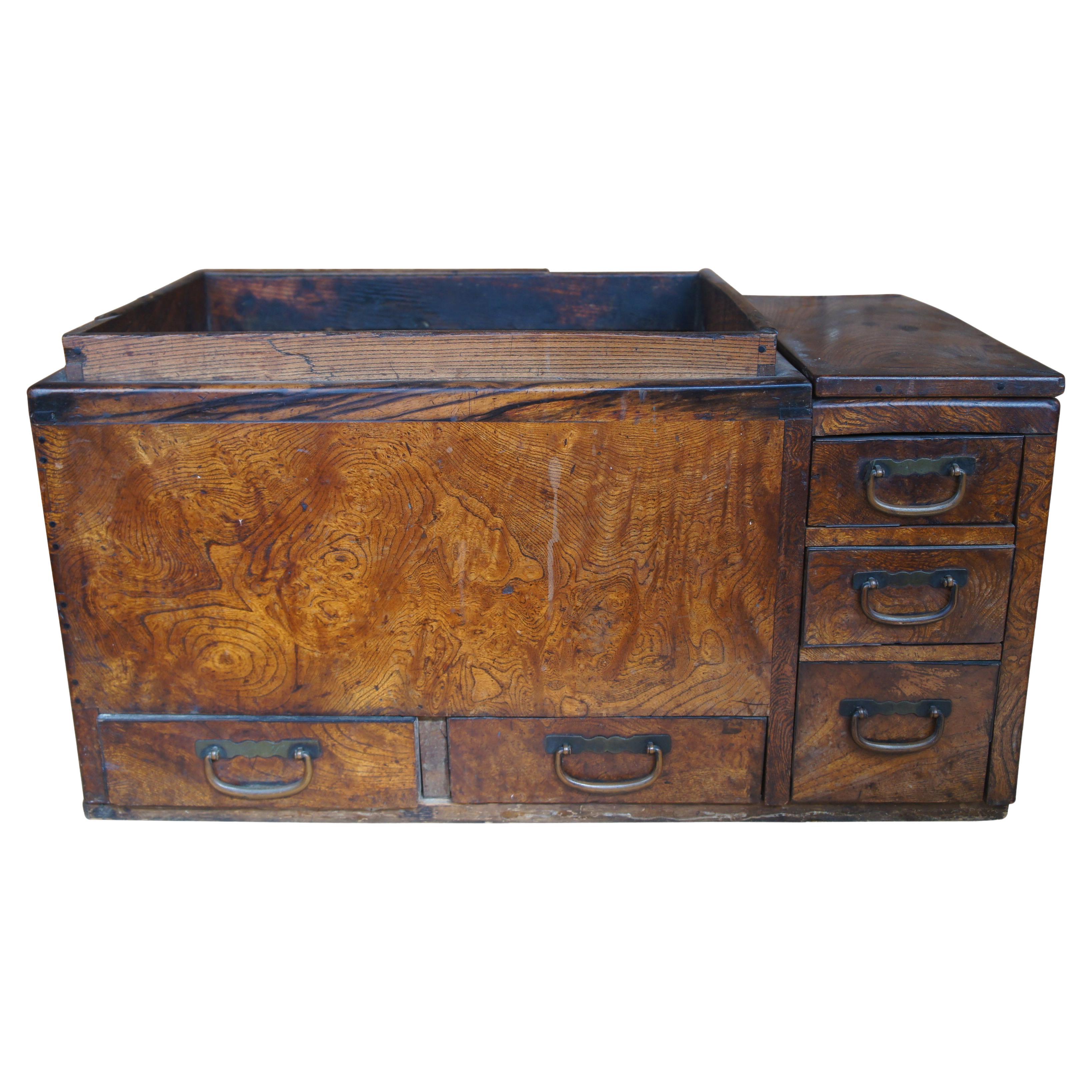 Antique Japanese Keyaki Burlwood Hibachi + Accessories Tea Cabinet Copper Liner For Sale