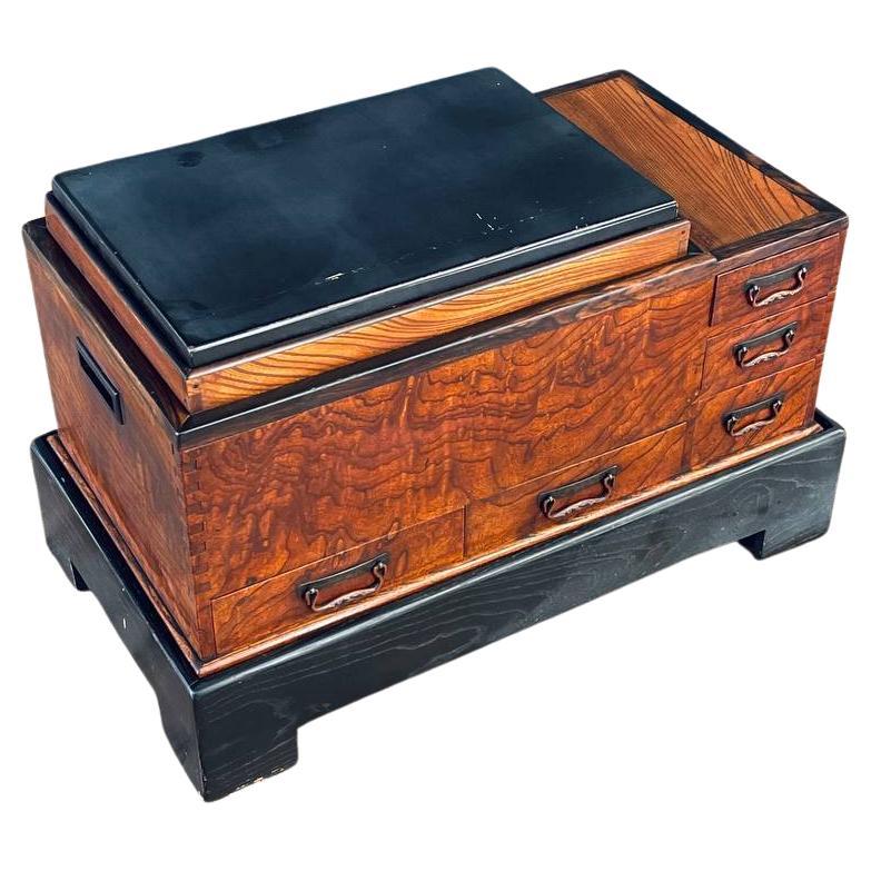 Antique Japanese Keyaki Wood Hibachi Copper Liner & Drawers Coffee/Tea Table