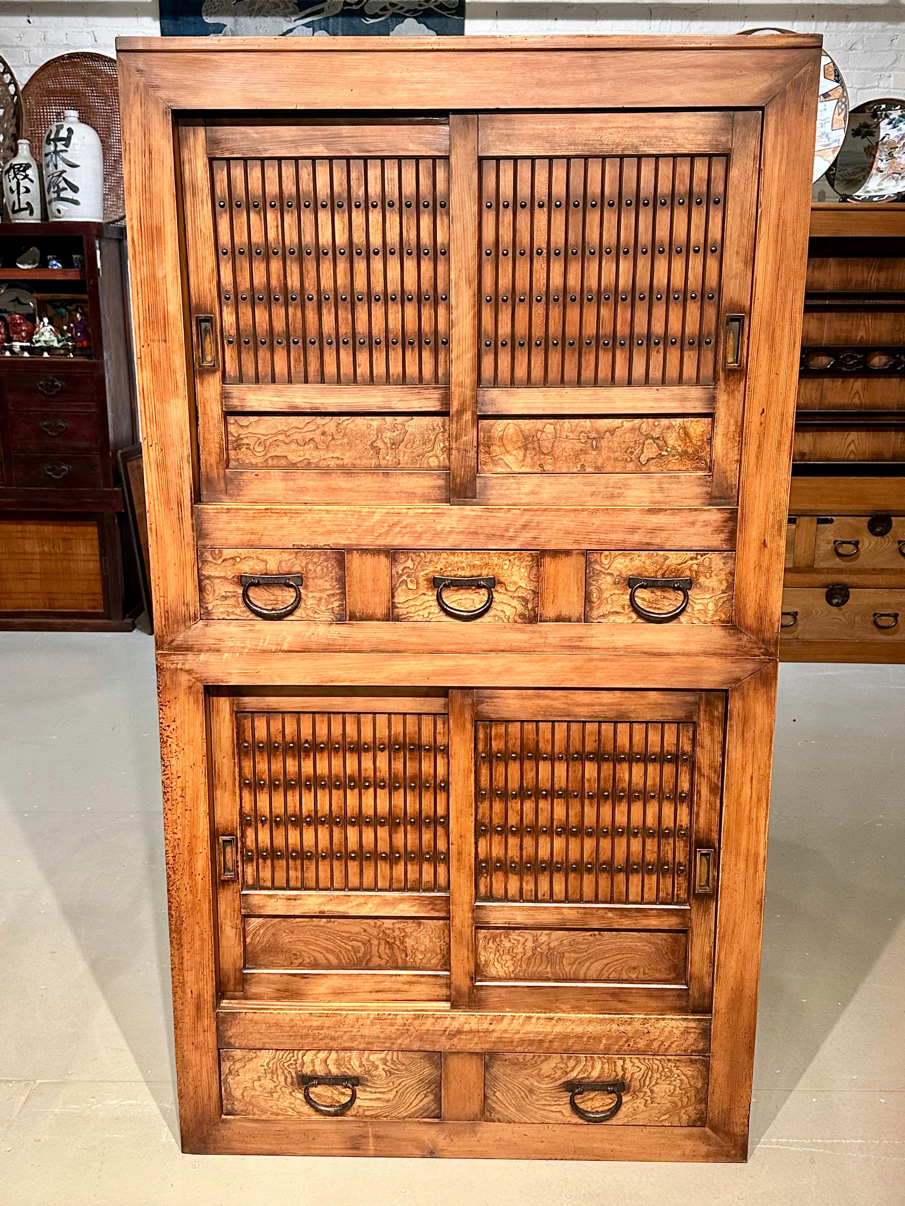 Available from Shogun's Gallery in Portland, Oregon for over 40 years specializing in Asian Arts & Antiques.

This is a beauty with a natural wood finish. This mid Meiji era c1880's Mizuya or kitchen tansu has all the original five drawers and two