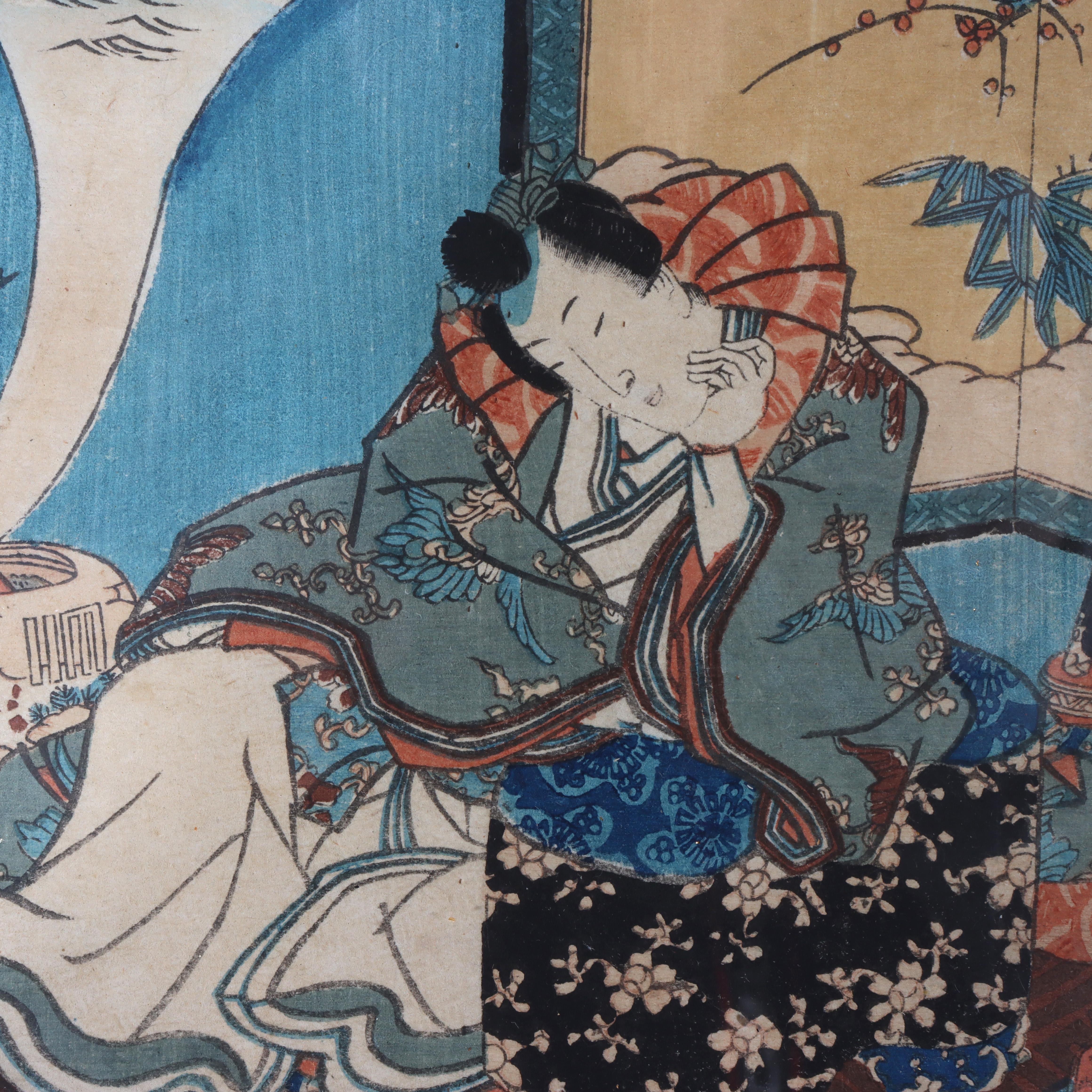 19th Century Antique Japanese Kuniyoshi's Wood Block Print “The Floating Bridge Of Dreams” For Sale