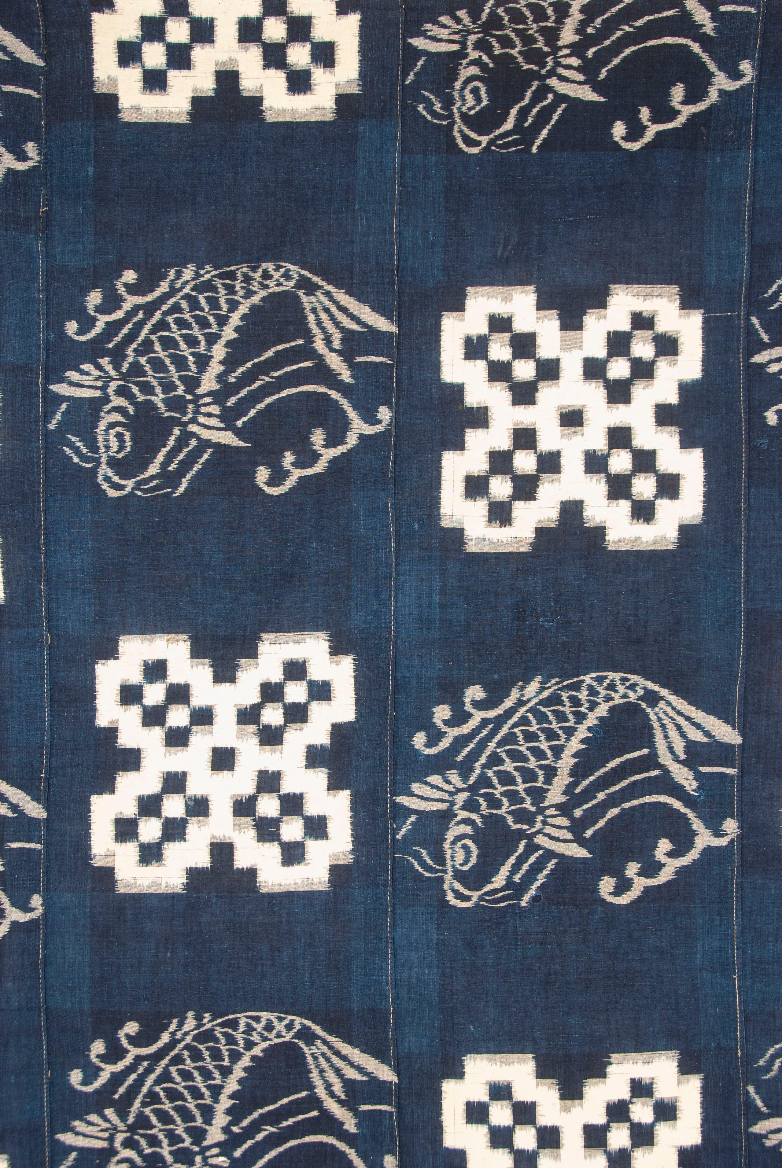Taisho Housse de futon antique japonaise Kurume Indigo-Dyed Double Ikat en vente