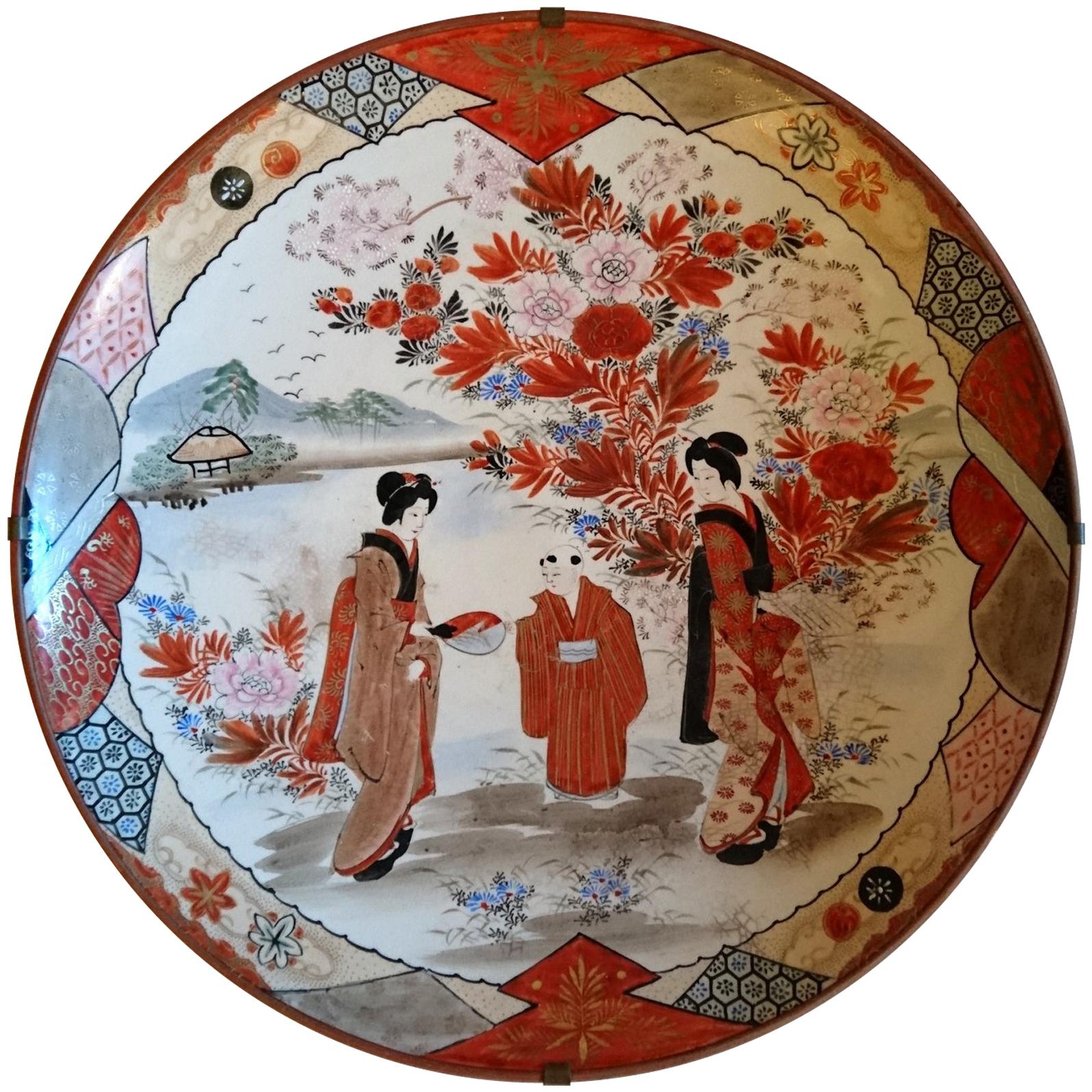 Antique Japanese Kutani Hand-Painted Porcelain Charger