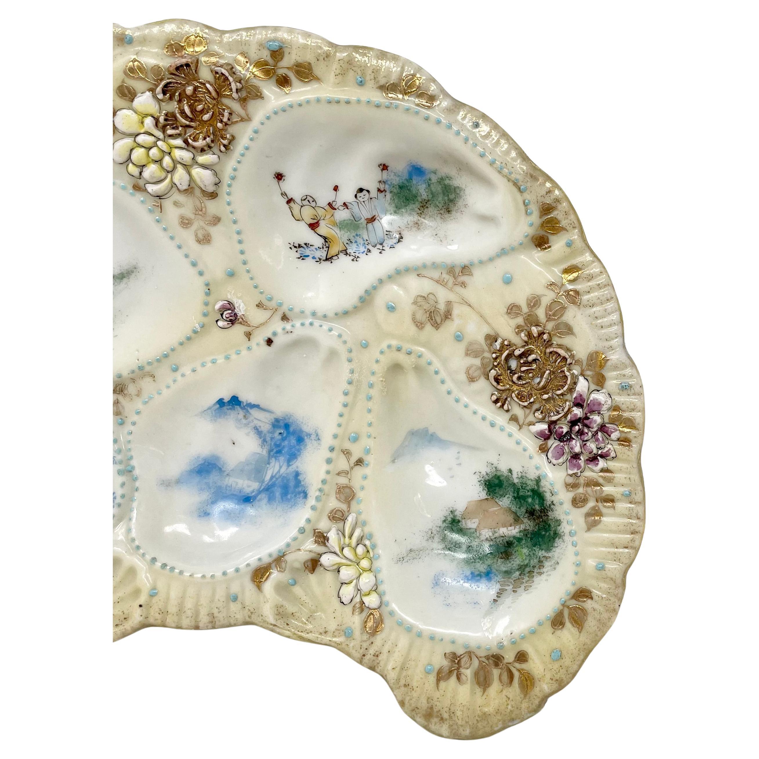 Rare Antique Japanese crescent-shaped porcelain jeweled oyster plate, signed 
