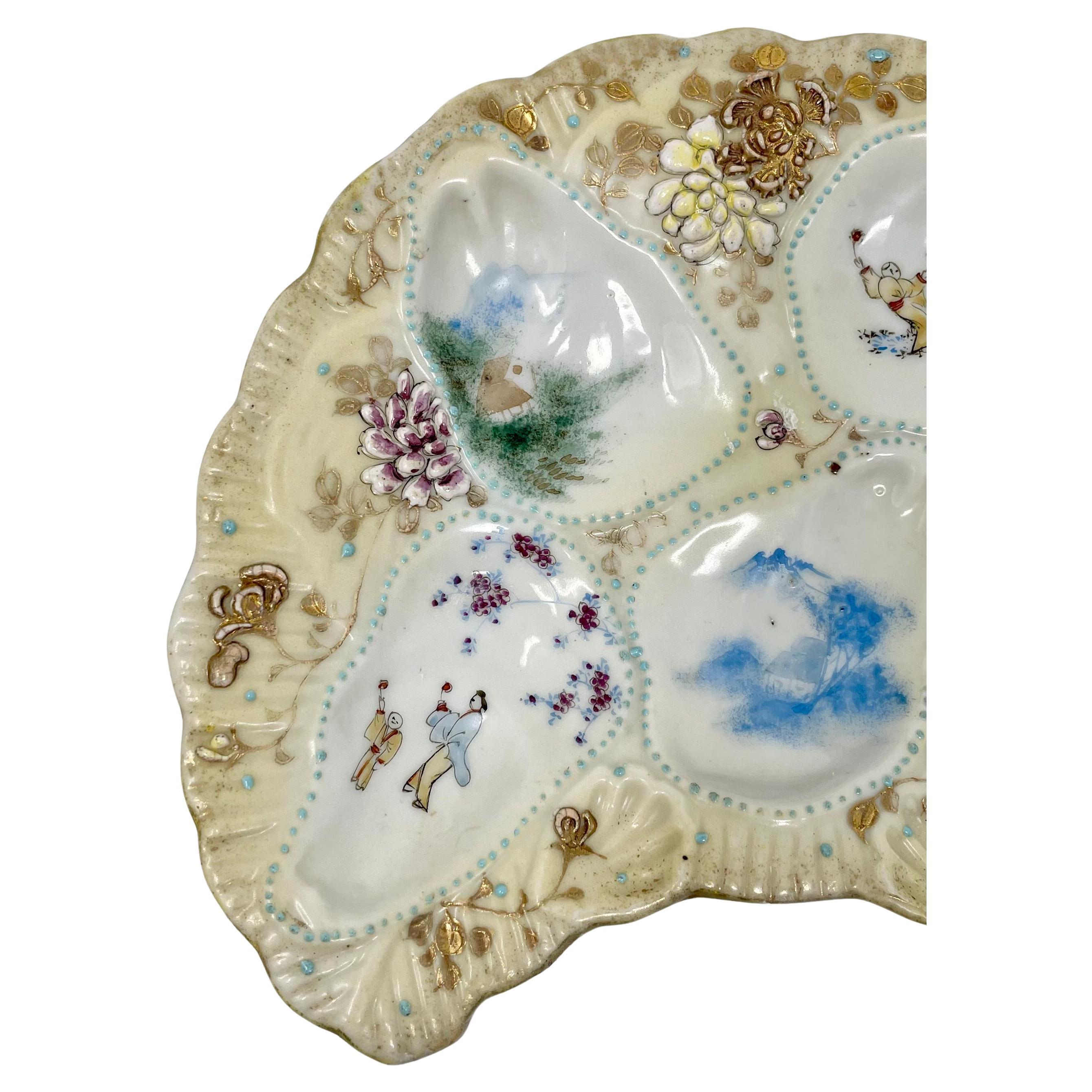 Antique Japanese Kutani Porcelain Crescent-Shaped Jeweled Oyster Plate, Ca. 1890 In Good Condition For Sale In New Orleans, LA