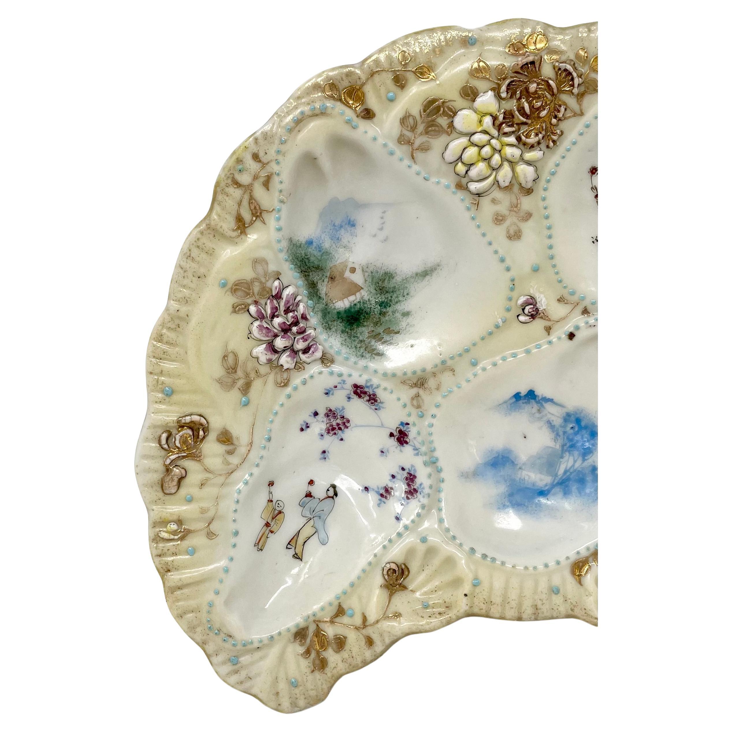 Antique Japanese Kutani Porcelain Crescent-Shaped Jeweled Oyster Plate, Ca. 1890 In Good Condition In New Orleans, LA