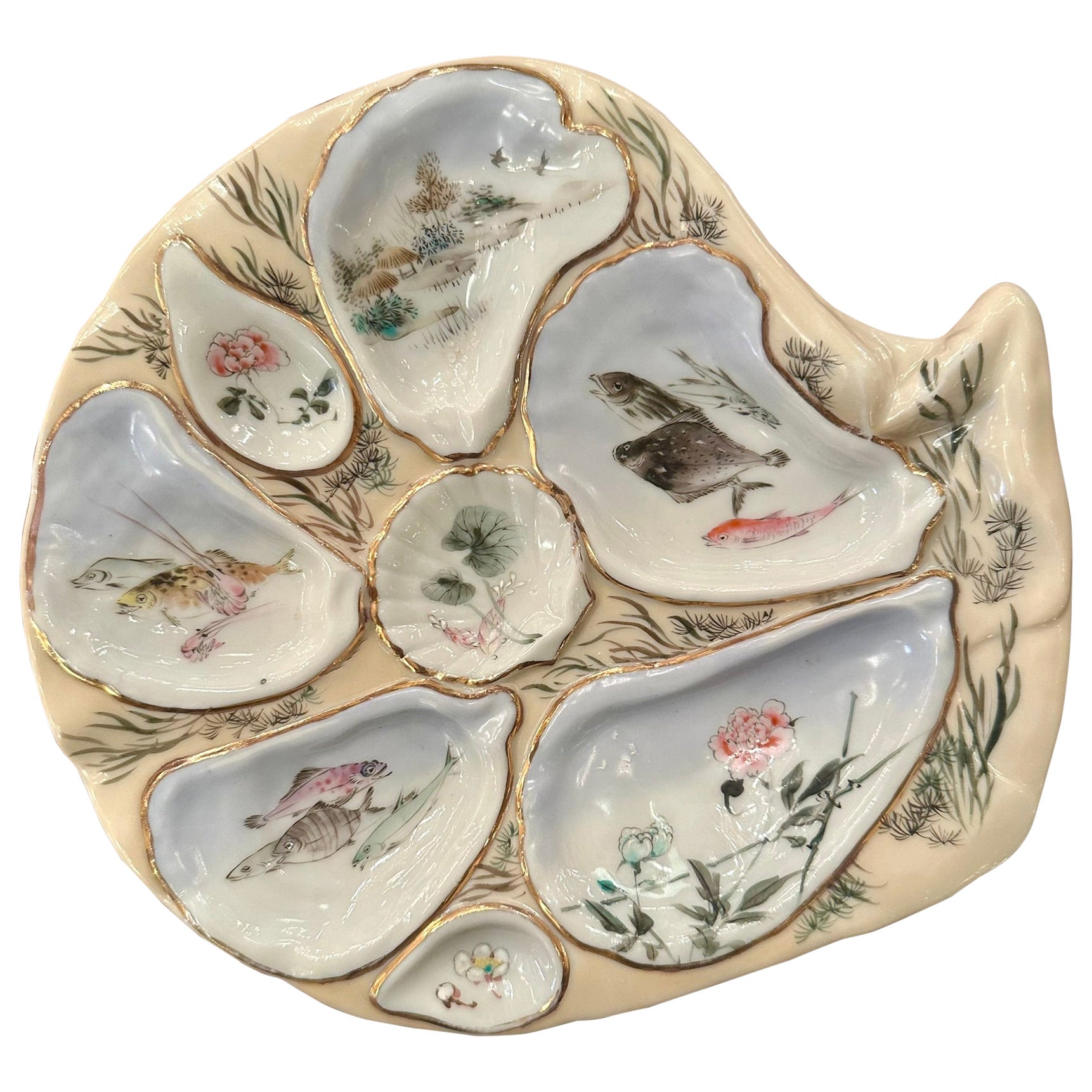 Antike japanische Kutani Porzellan große Muschel Design Austern Teller CIRCA 1870