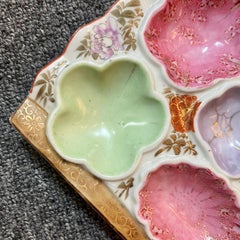 Antiguo Plato de Ostras de Porcelana Japonesa Kutani Multicolor en Forma de Abanico Ca. 1900