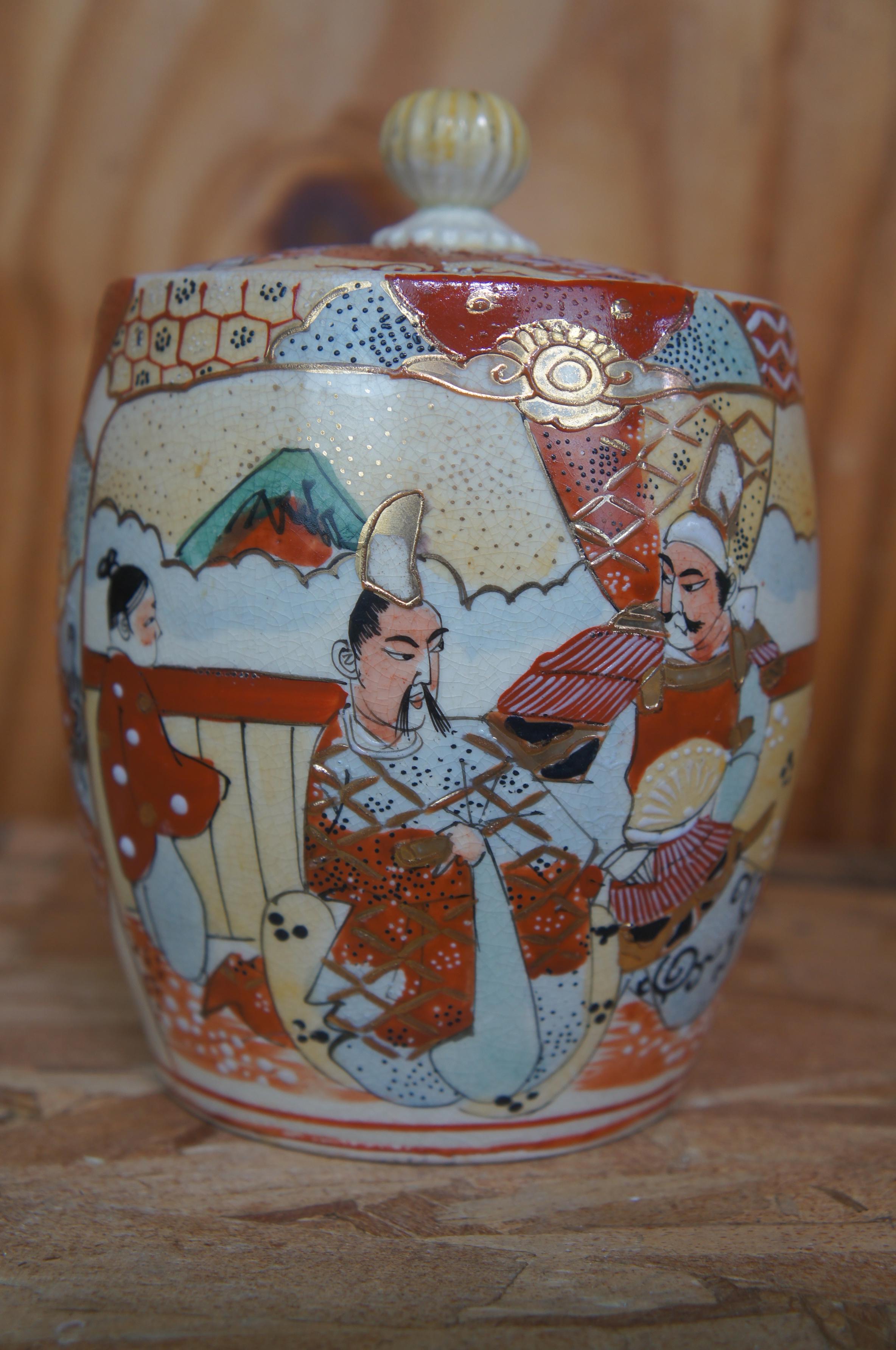 Antique Japanese Kutani Satsuma Moriage Porcelain Lidded Biscut Ginger Jar 1