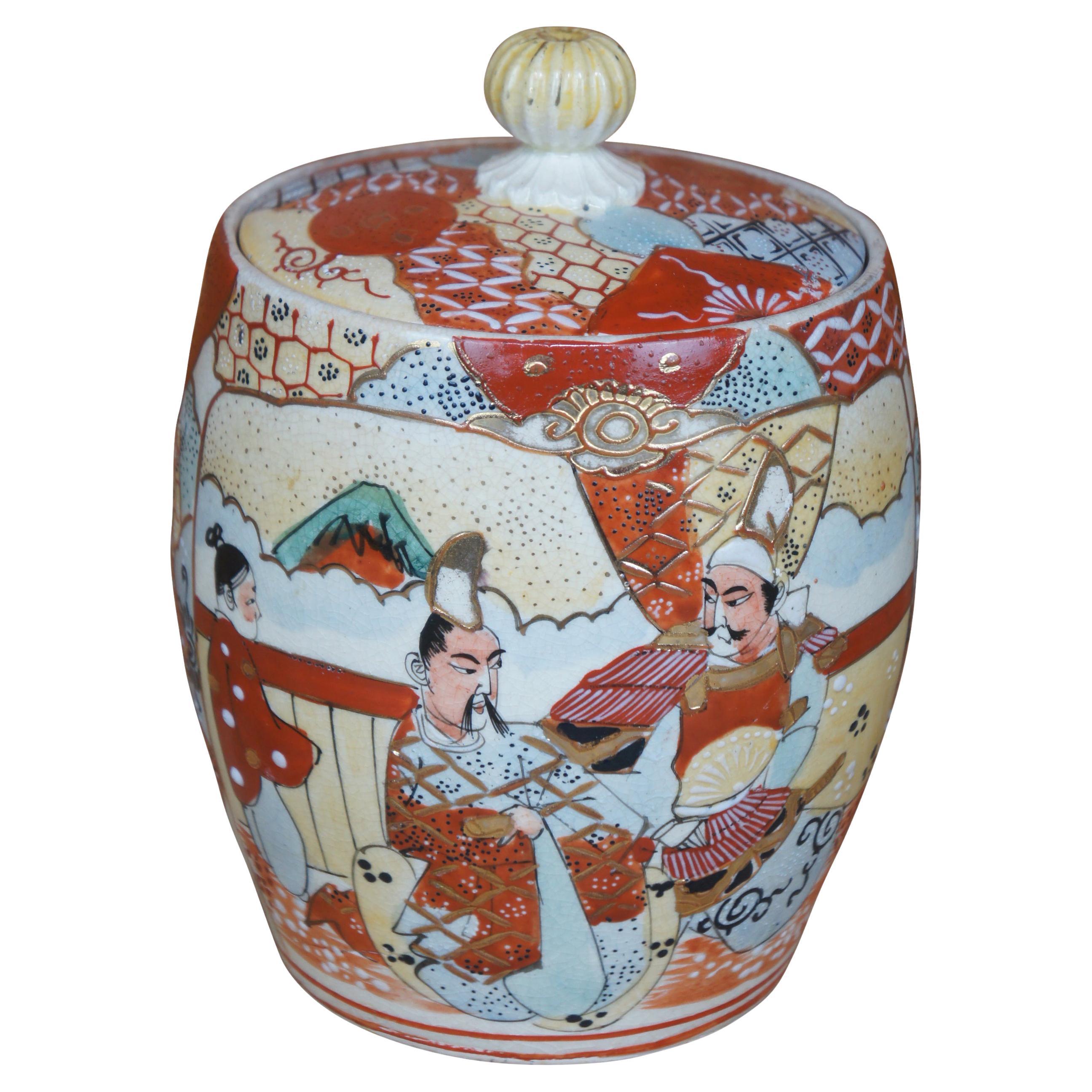 Antique Japanese Kutani Satsuma Moriage Porcelain Lidded Biscut Ginger Jar