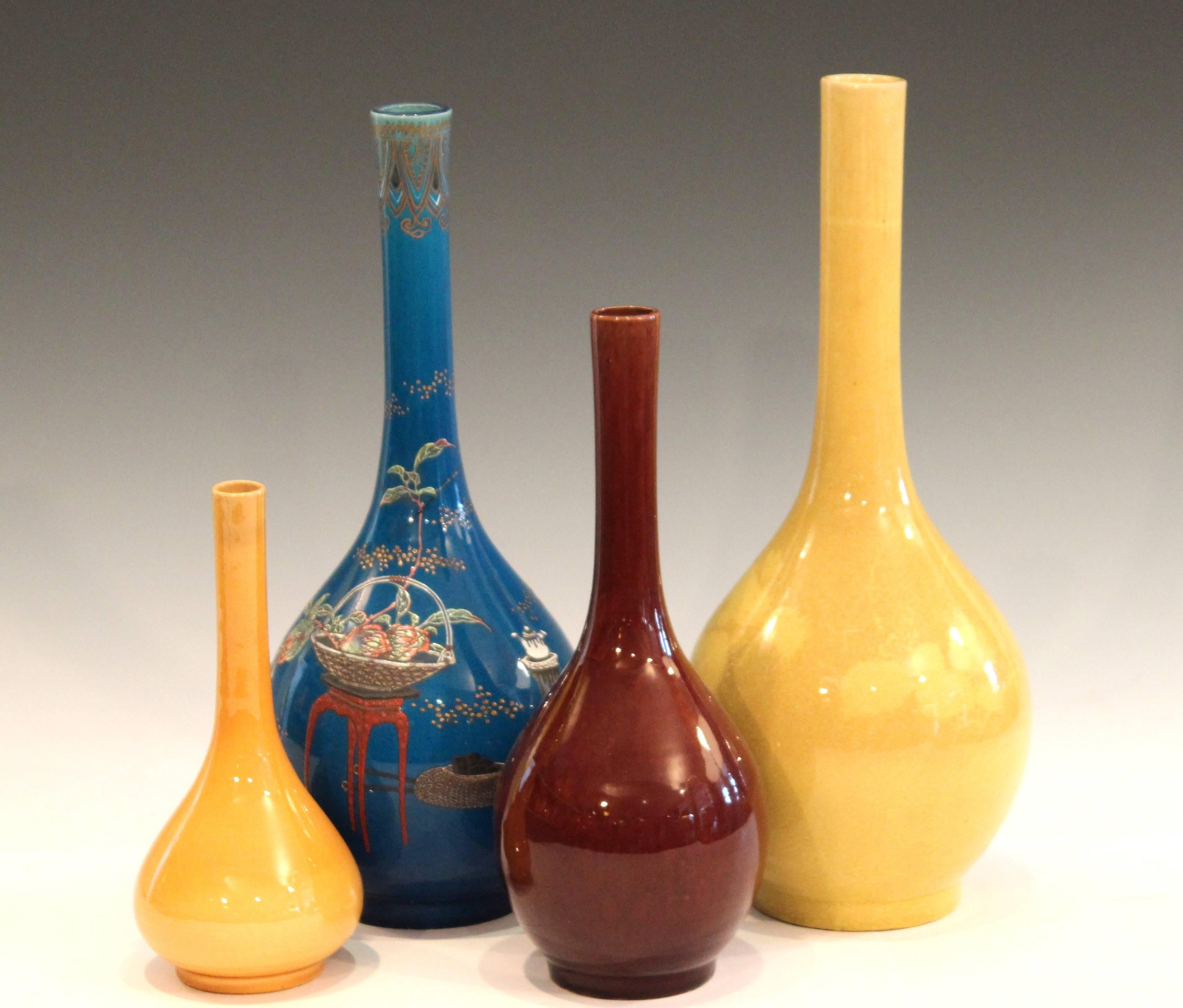 Antique Japanese Kyoto Awaji Studio Pottery Yellow Ikebana Chinese Vase 1