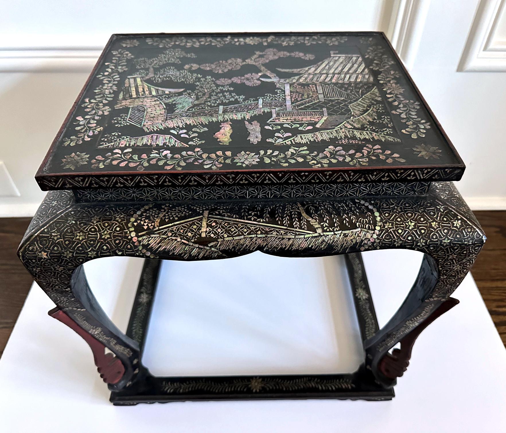 A small square-form table with lacquer and intricate mother-of-pearl inlay design from Ryukyu Islands kingdom circa 17-18th century. Ryukyuan kingdom was used to be an independent island country until it was officially annexed by Japan in 1879