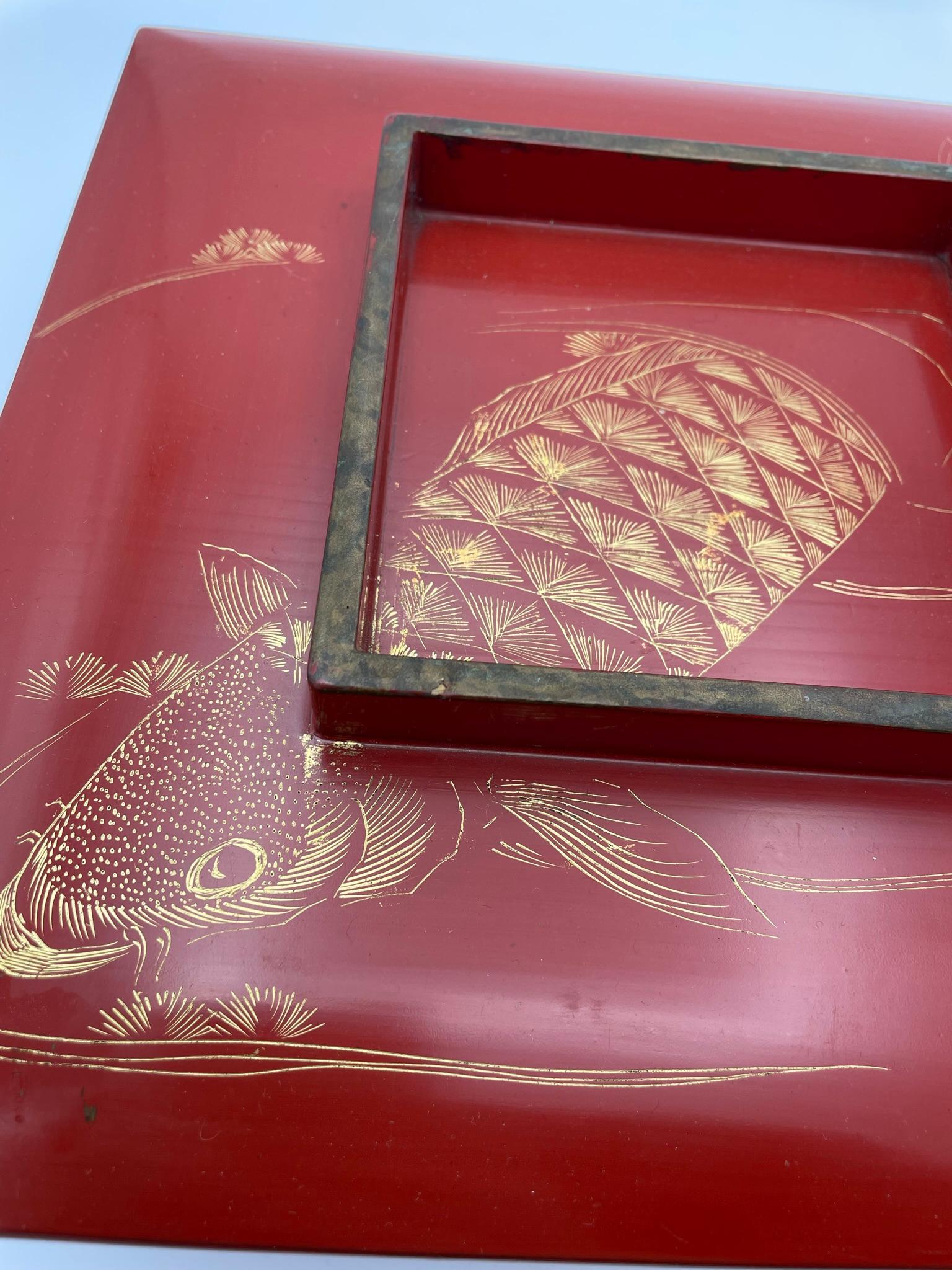 Mid-20th Century Antique Japanese Lacquer Box with a Koi Fish 1950-1970s
