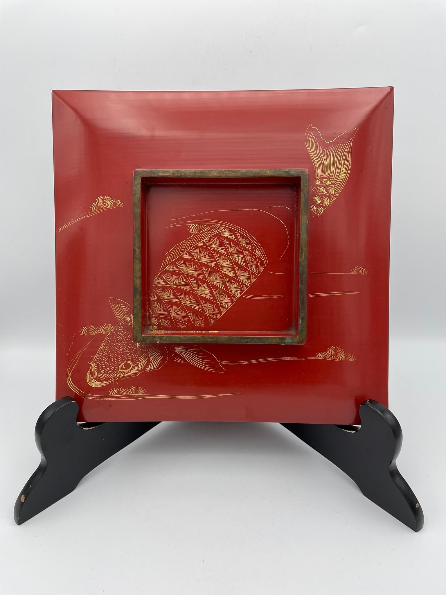 Antique Japanese Lacquer Box with a Koi Fish 1950-1970s 3