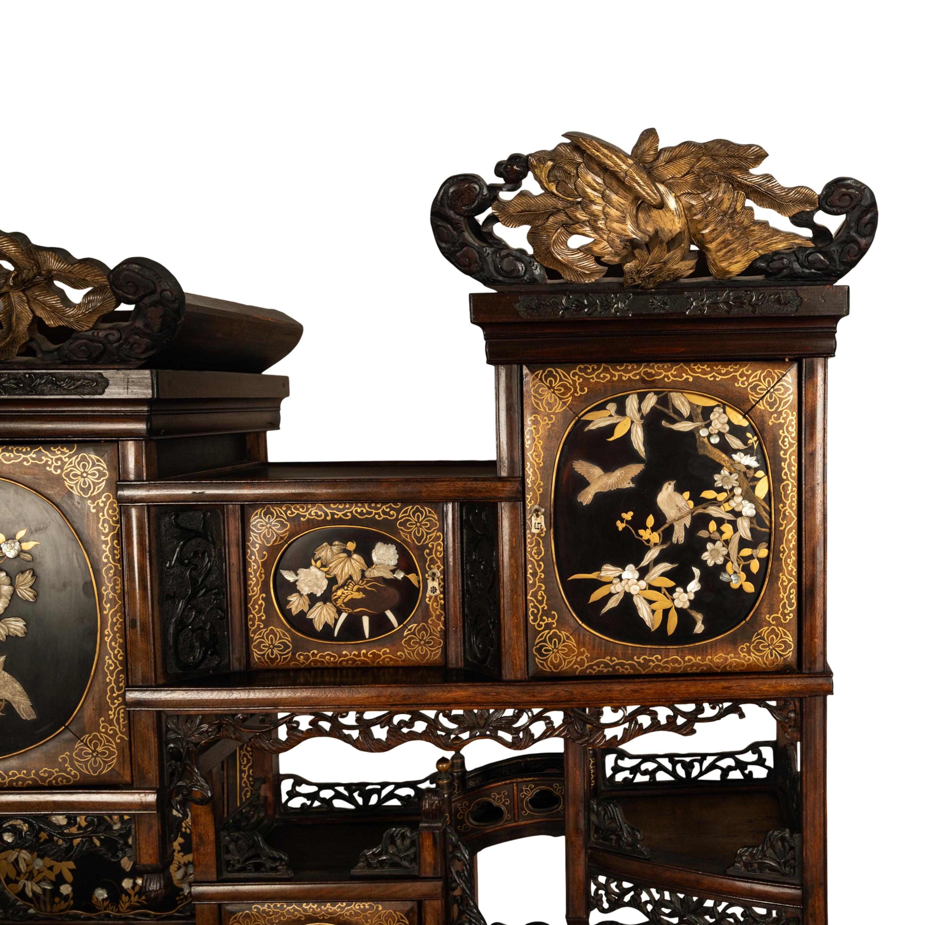 Antique Japanese Lacquer Inlaid Hardwood Meiji Period Shibayama Shodana Cabinet For Sale 4