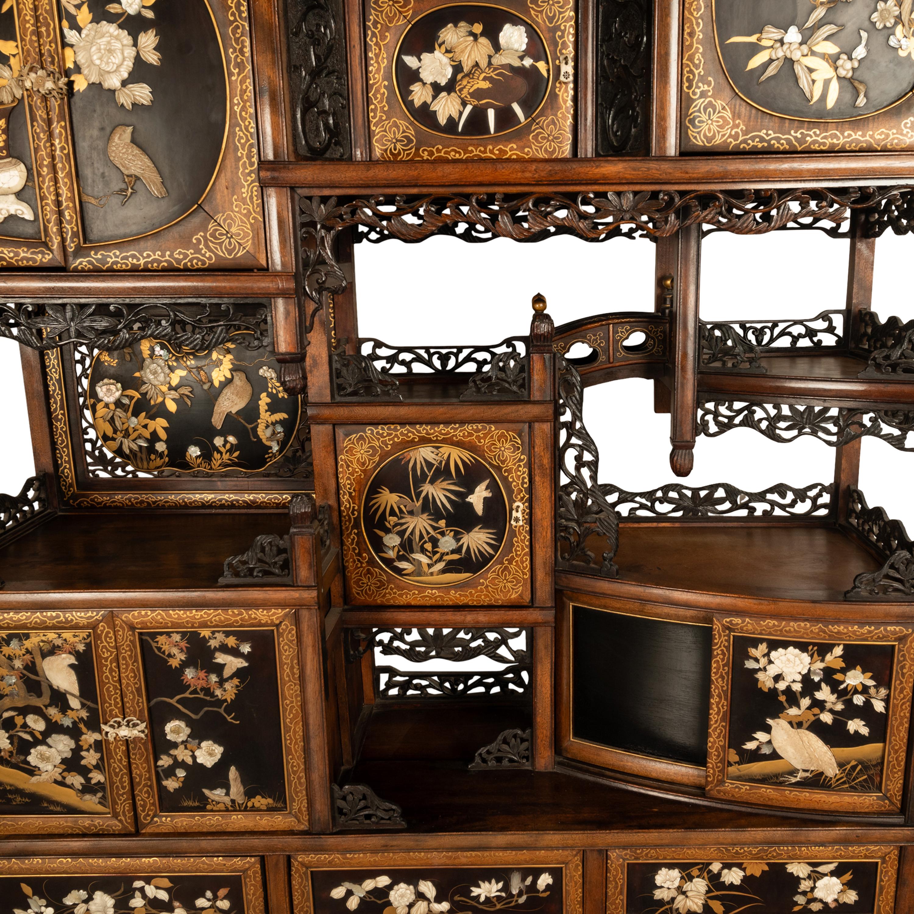 Antique Japanese Lacquer Inlaid Hardwood Meiji Period Shibayama Shodana Cabinet For Sale 5