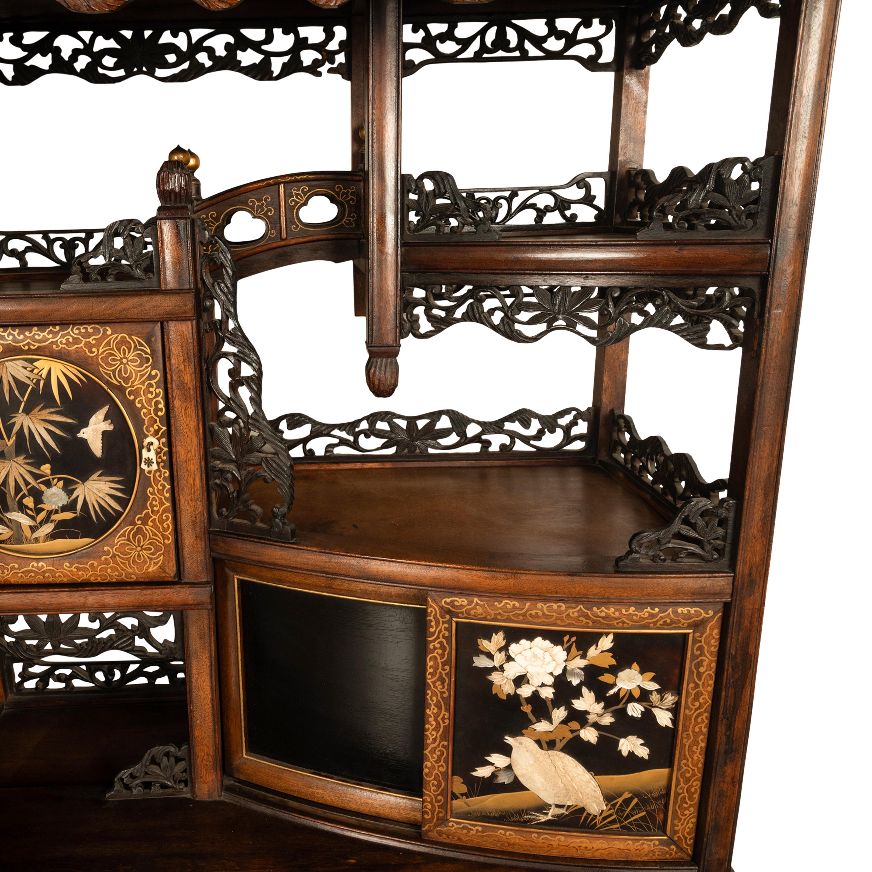 Antique Japanese Lacquer Inlaid Hardwood Meiji Period Shibayama Shodana Cabinet For Sale 6