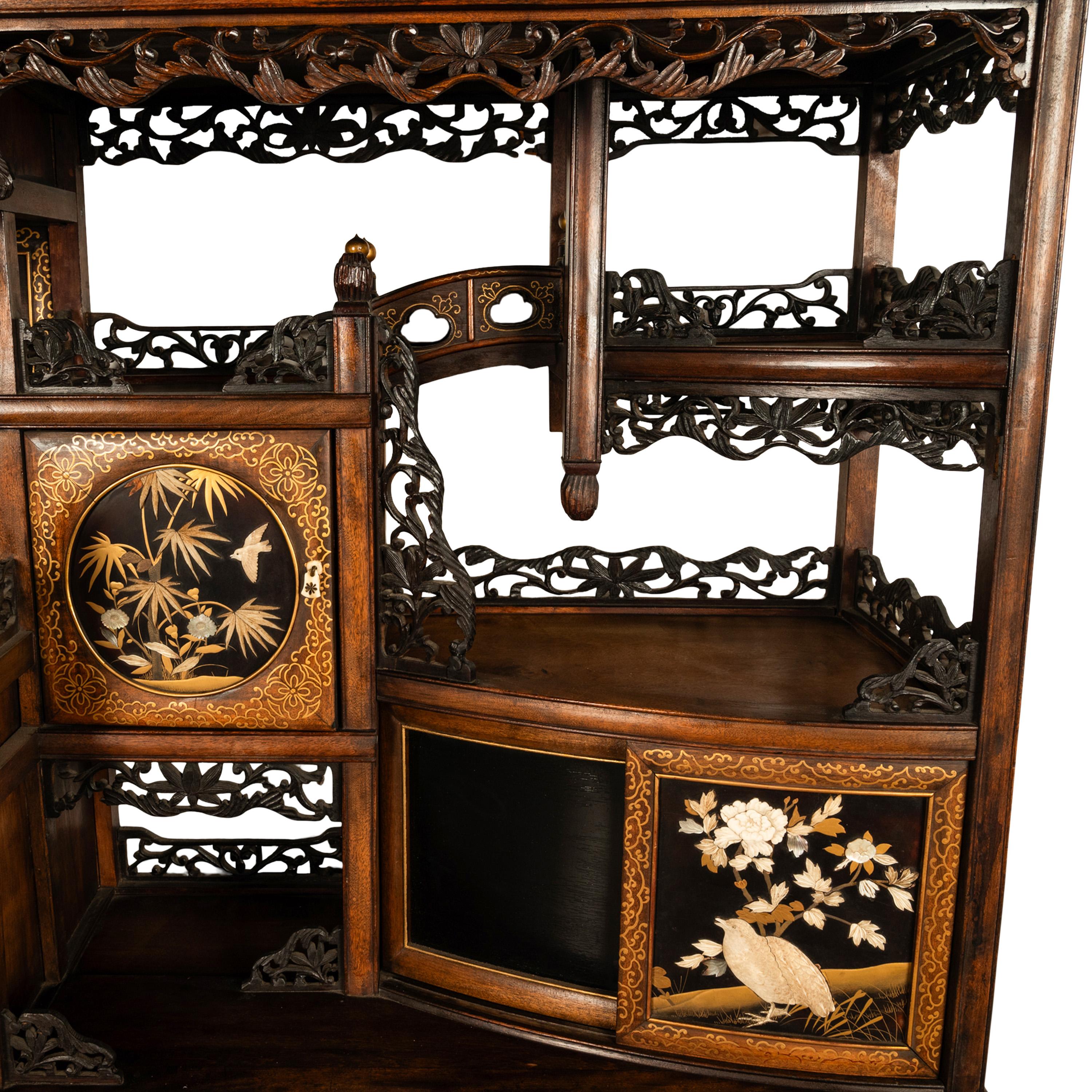 Antique Japanese Lacquer Inlaid Hardwood Meiji Period Shibayama Shodana Cabinet For Sale 7