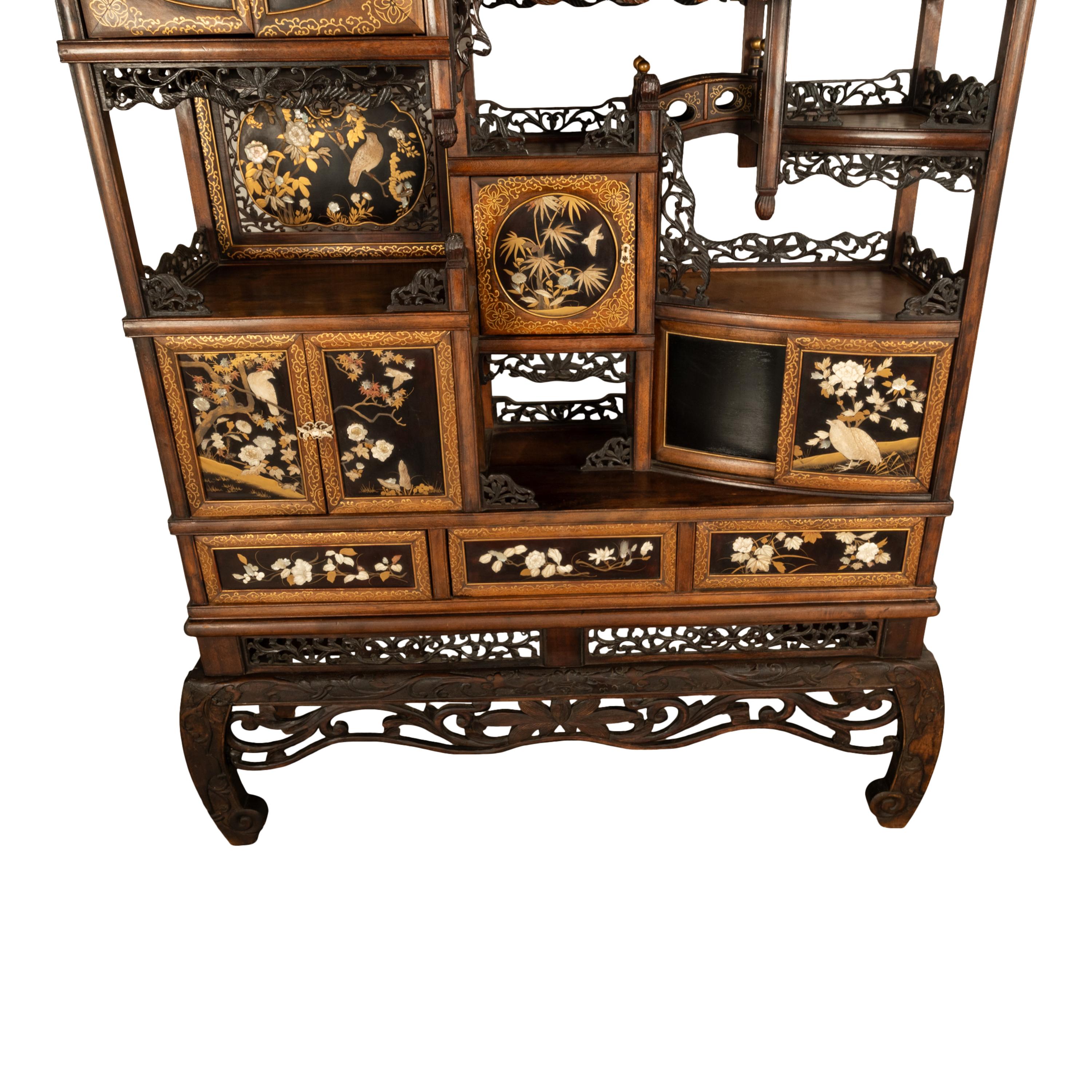 Antique Japanese Lacquer Inlaid Hardwood Meiji Period Shibayama Shodana Cabinet For Sale 8