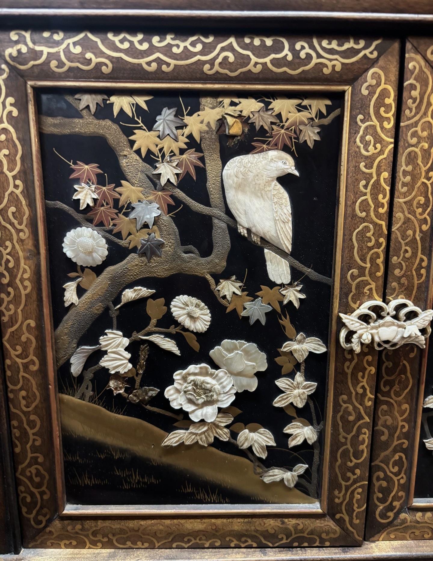 Antique Japanese Lacquer Inlaid Hardwood Meiji Period Shibayama Shodana Cabinet For Sale 9