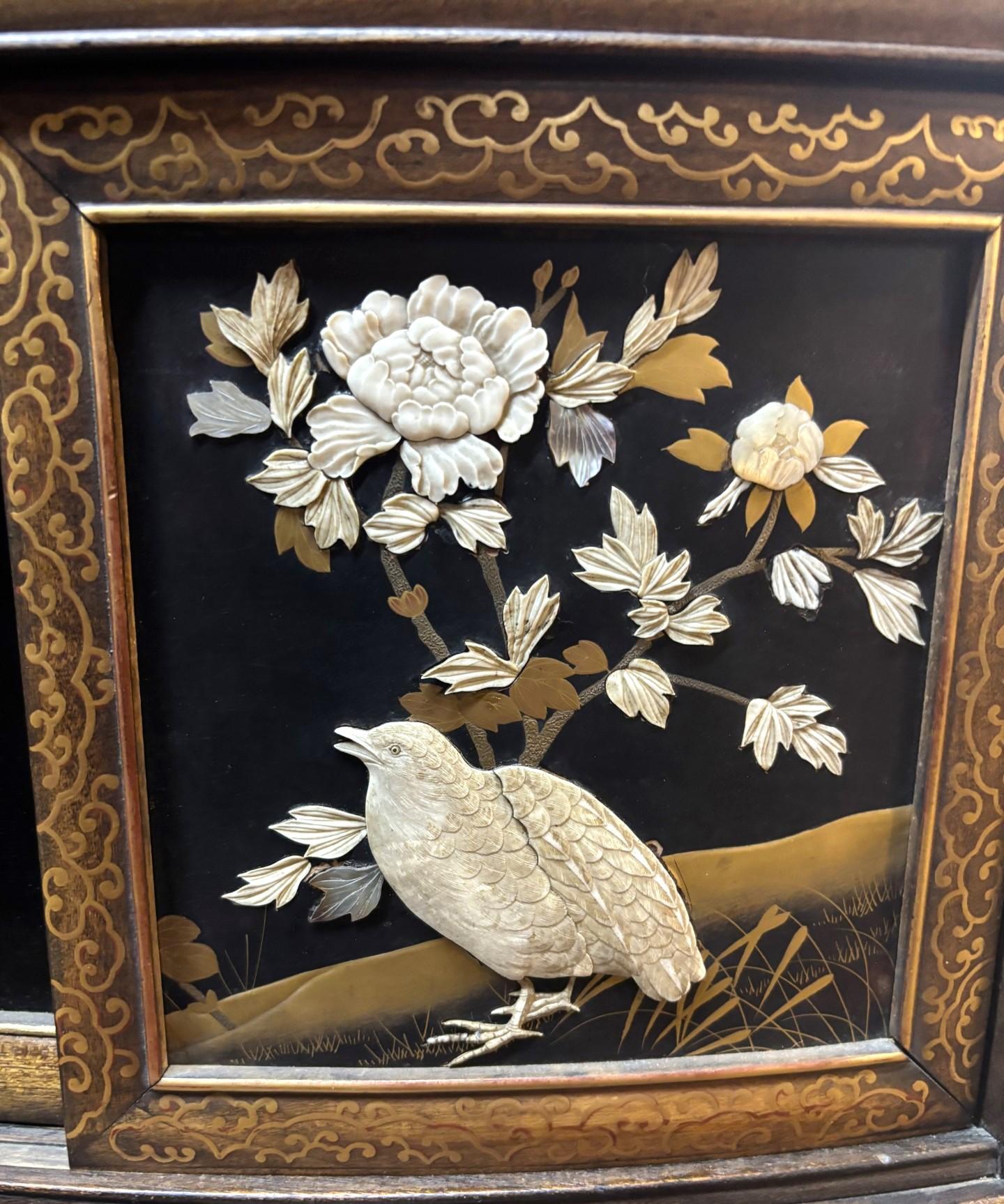Antique Japanese Lacquer Inlaid Hardwood Meiji Period Shibayama Shodana Cabinet For Sale 11