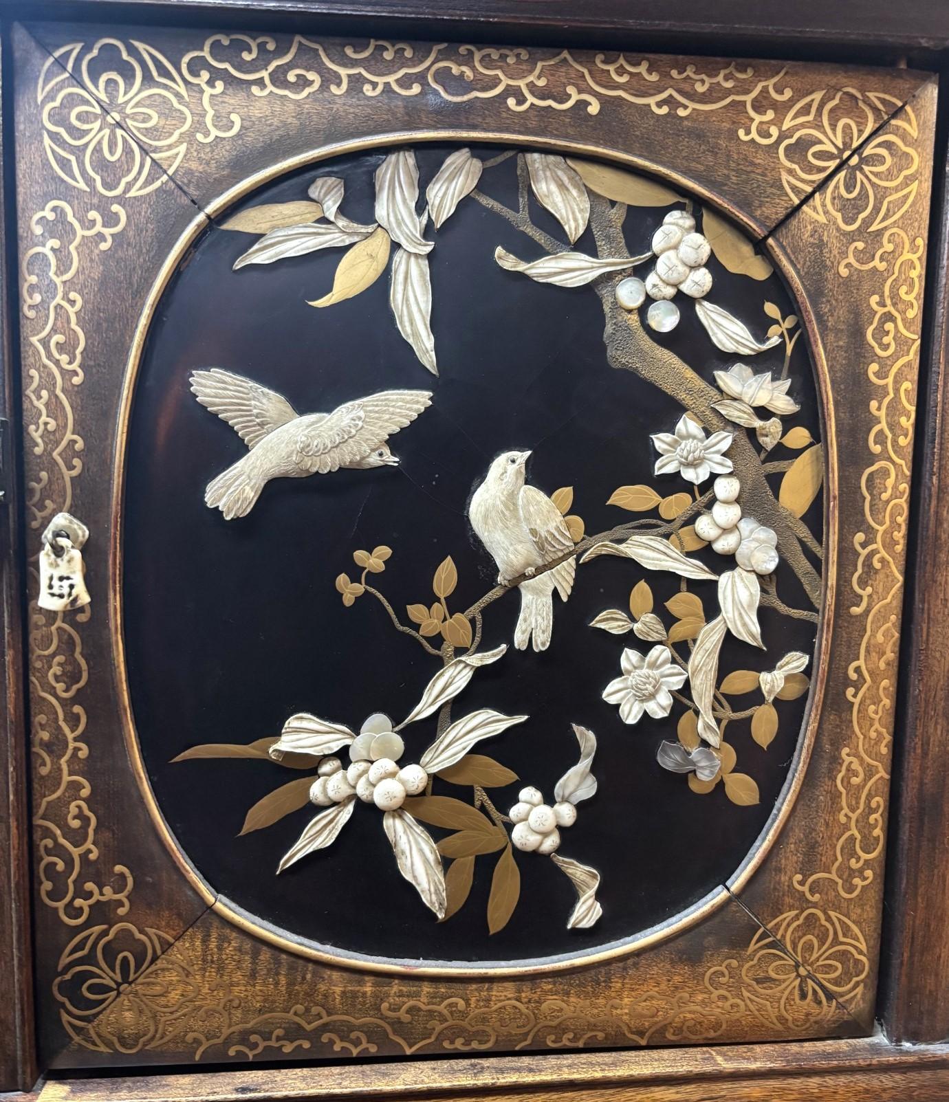 Antique Japanese Lacquer Inlaid Hardwood Meiji Period Shibayama Shodana Cabinet For Sale 12