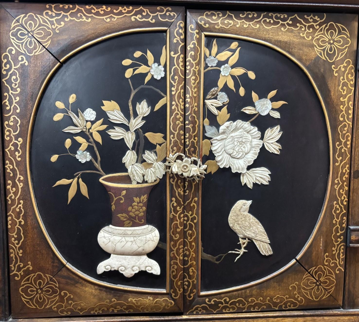 Antique Japanese Lacquer Inlaid Hardwood Meiji Period Shibayama Shodana Cabinet For Sale 13