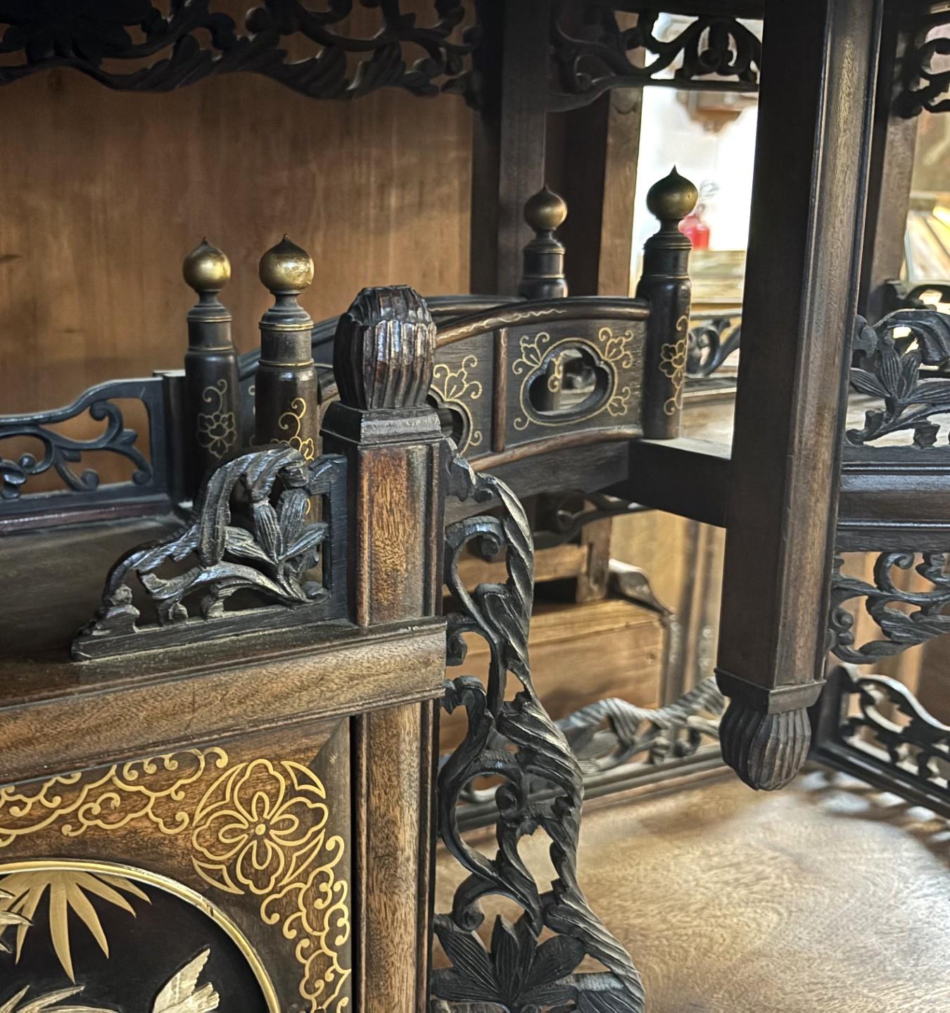 Antique Japanese Lacquer Inlaid Hardwood Meiji Period Shibayama Shodana Cabinet For Sale 14